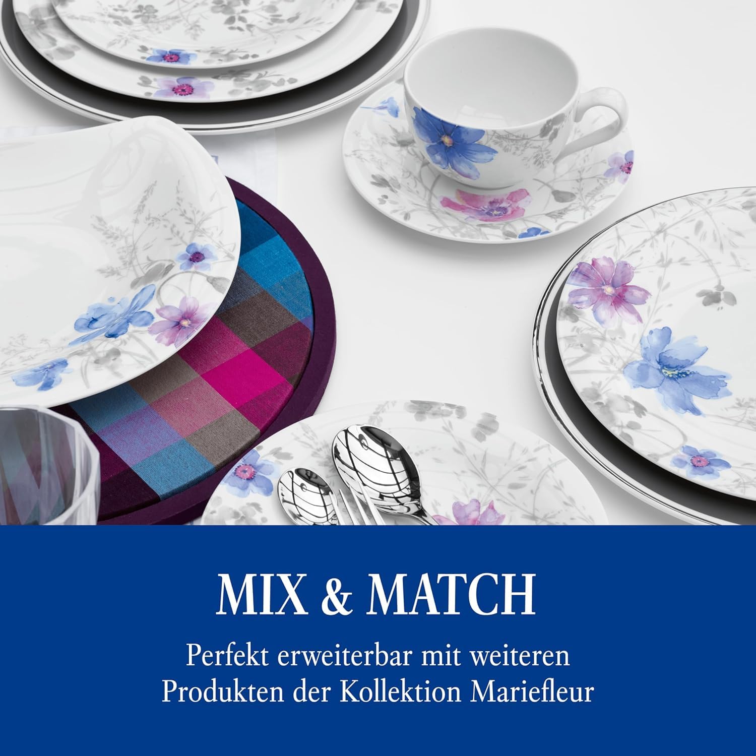 Villeroy & Boch - Mariefleur Gris Basic Kaffee Set 18 teilig für 6 Personen, Kaffeeservice, Tafelservice, Geschirr Set, Geschirrset Blumen, Blümchengeschirr, Schönes Geschirr Blumig, Premium Porzellan