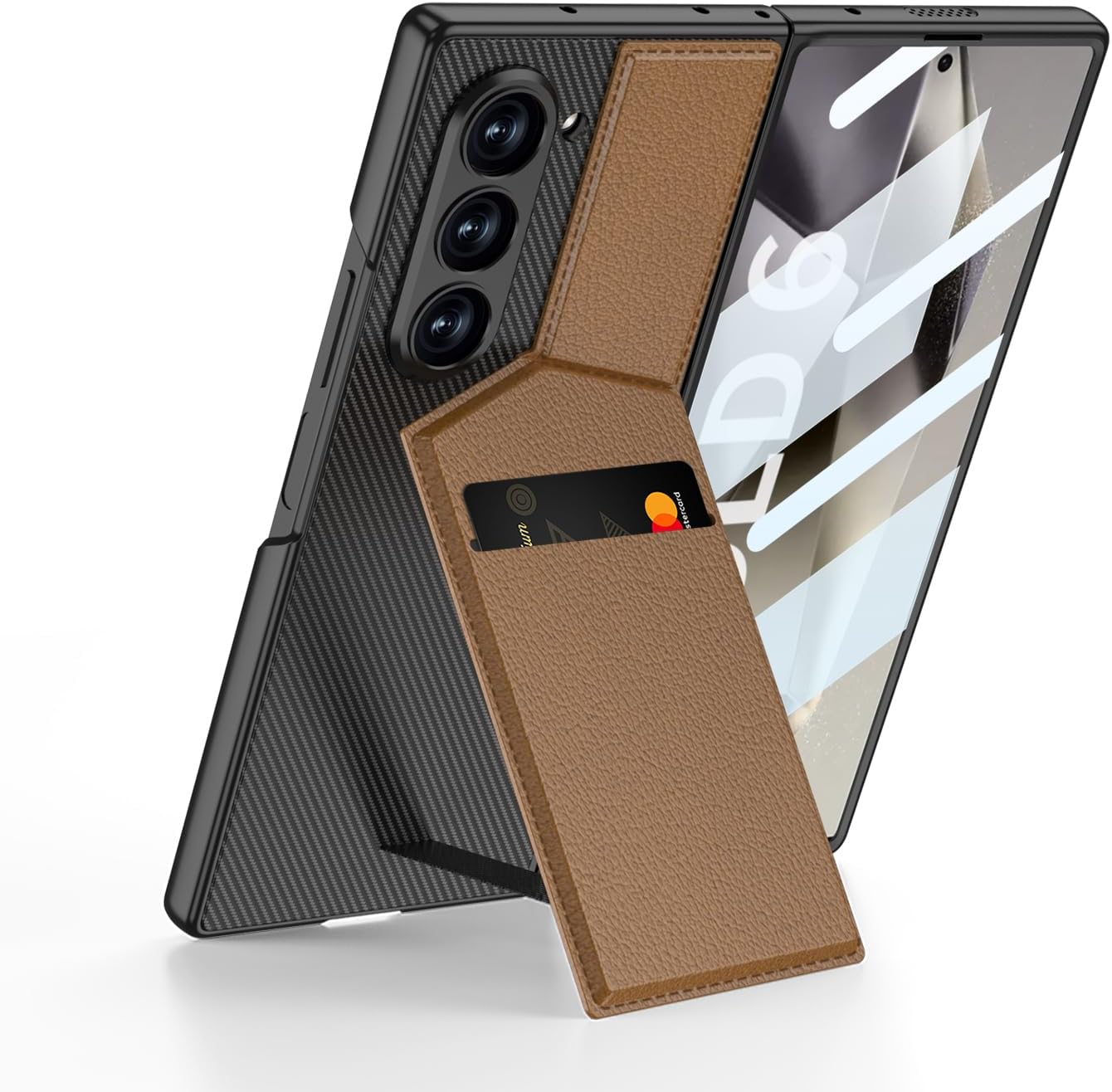 SHIEID Galaxy Z Fold 6 Case with Card Holder Ultra Thin Shockproof Z Fold6 Case with Rotating Wing Stand, Premium Leather Protective Cover for Z Fold 6 for Women and Men, Carbon Fiber Texture