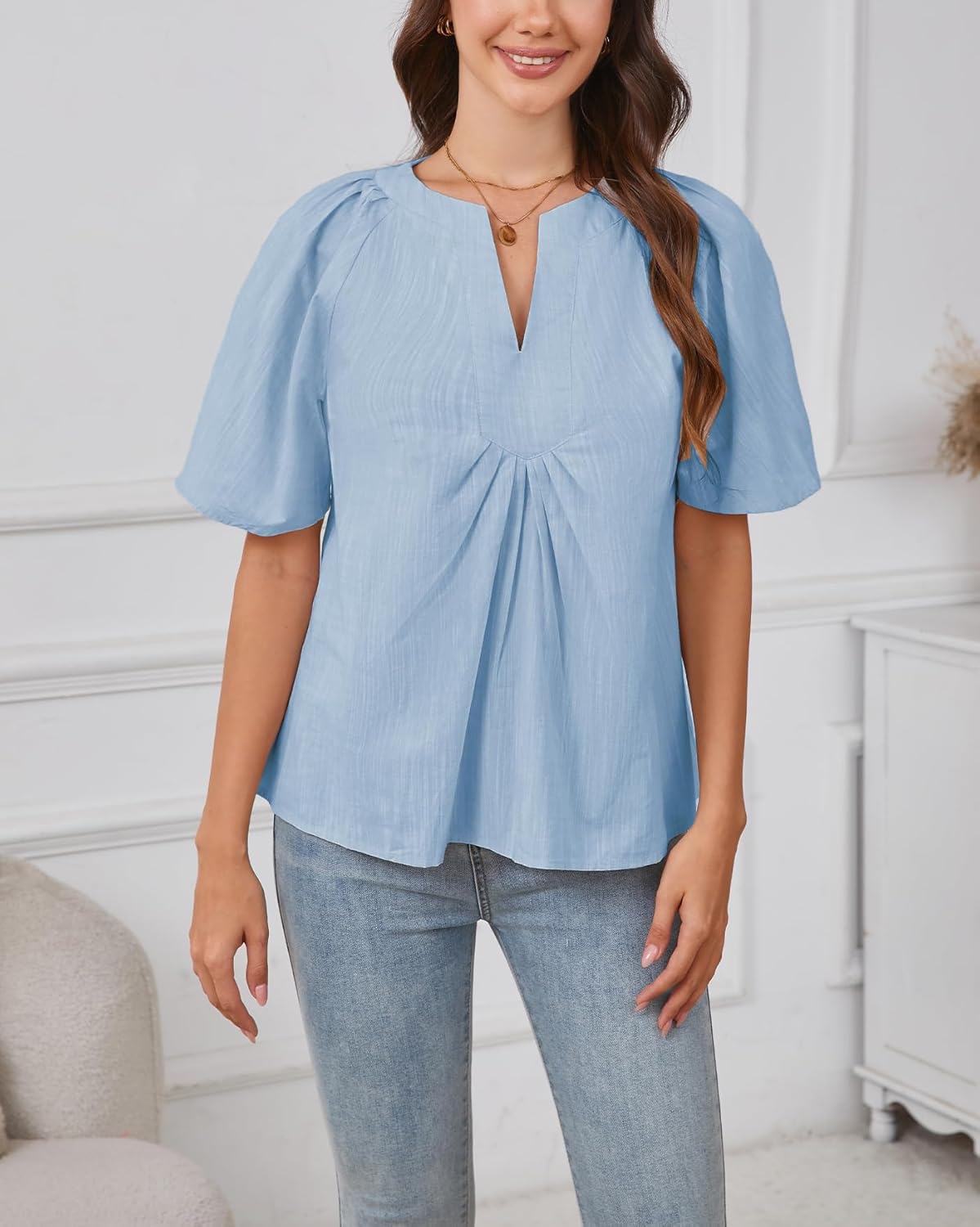 Kedera Womens White Blouse V Neck Flutter Sleeve Linen Shirts Casual Cute Summer Tops - Image 3