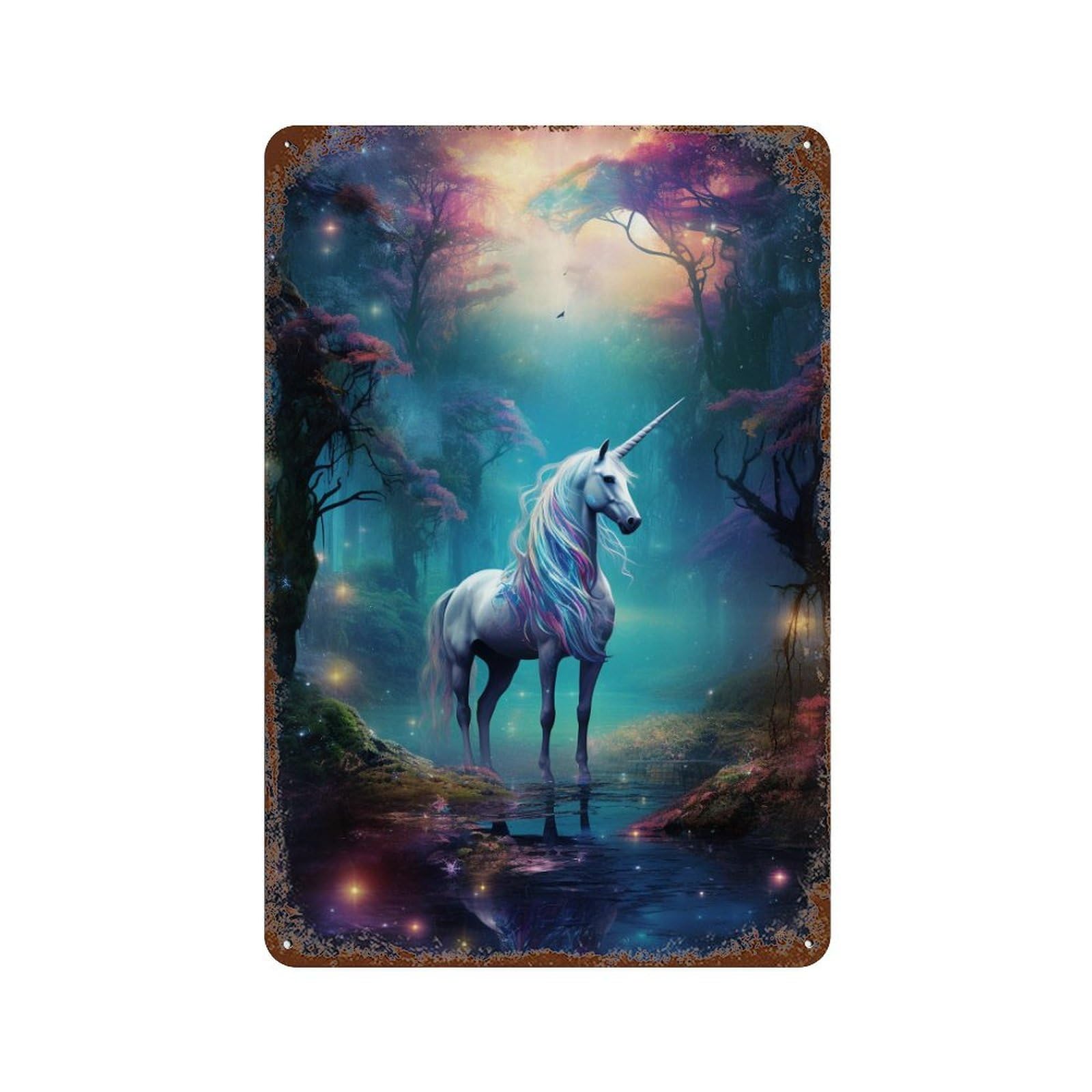Magical Unicorn Forest Scene 11.8"x7.9" Vintage Rust Metal Sign, Shabby Chic Decor for Cafe, Home Bar And Lounge Decor