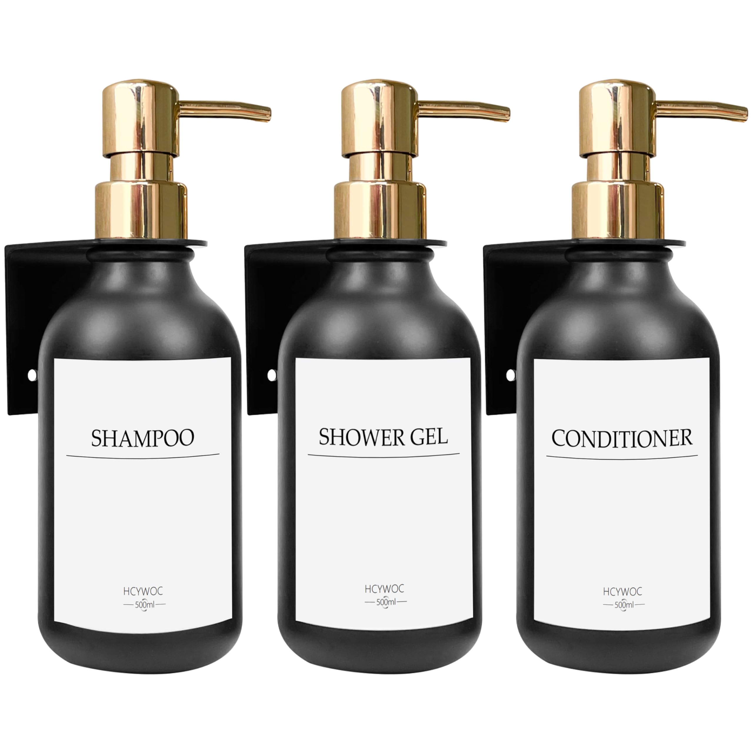 Bathroom Wall Soap Dispenser, 3 Pieces Soap Dispenser, No Drilling 500 ml Shower Gel and Shampoo Dispenser with 16 Waterproof Labels for Kitchen and Bathroom, Black Gold