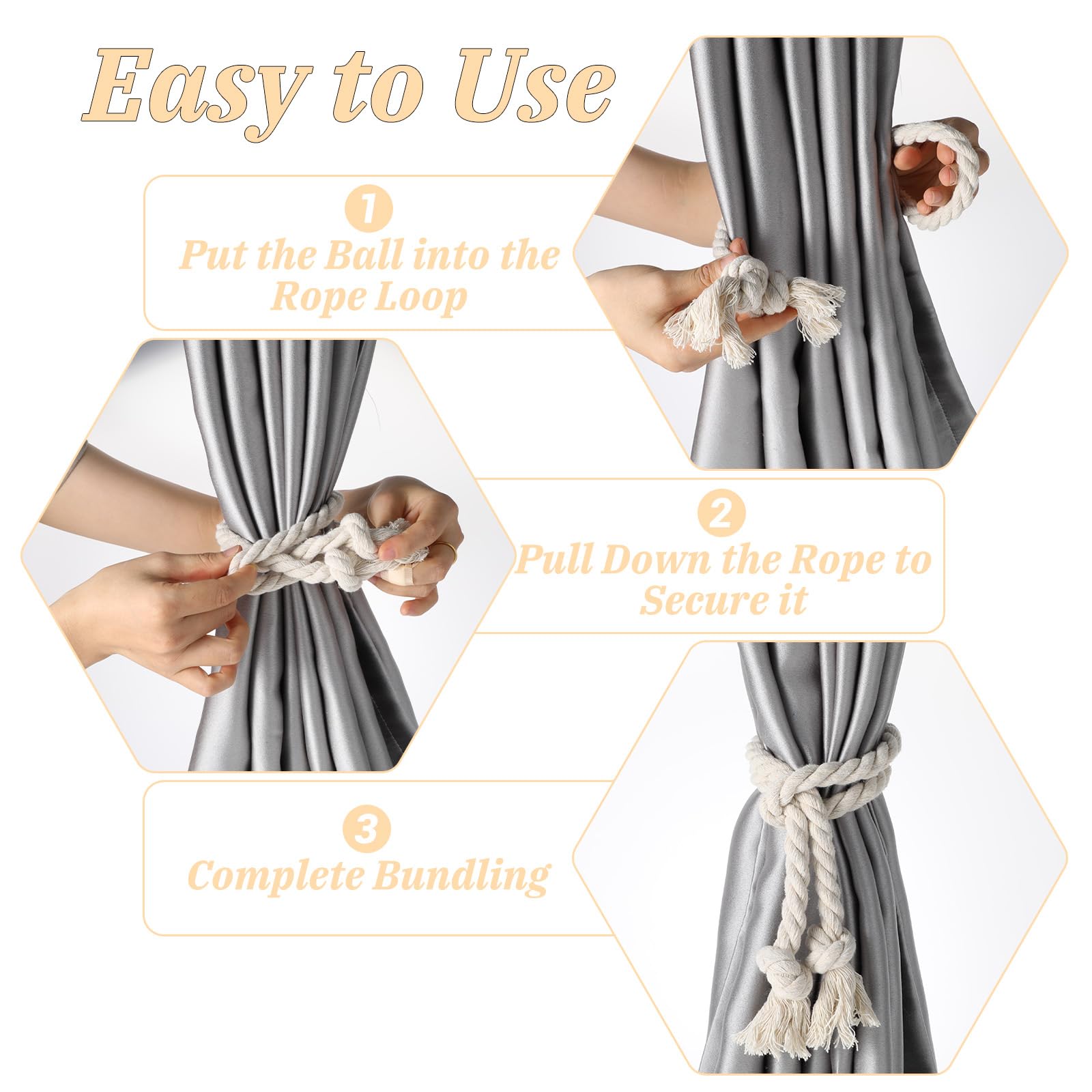 Qianyu 4 Pcs Curtain Tiebacks Rope Cotton Window Treat Belt Village Rustic Braided Curtain Holdback Ties for Sheer Outdoor Home Drapery Patio Drapes Farmhouse Boho - Image 3
