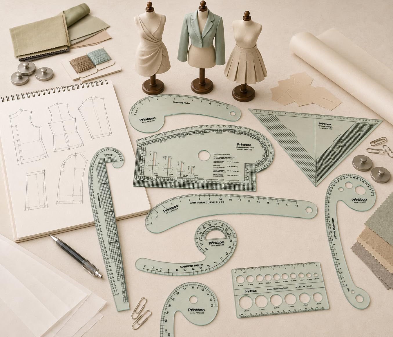 Printtoo Professional Garment Pattern Making Set with 10 Piece Acrylic Rulers