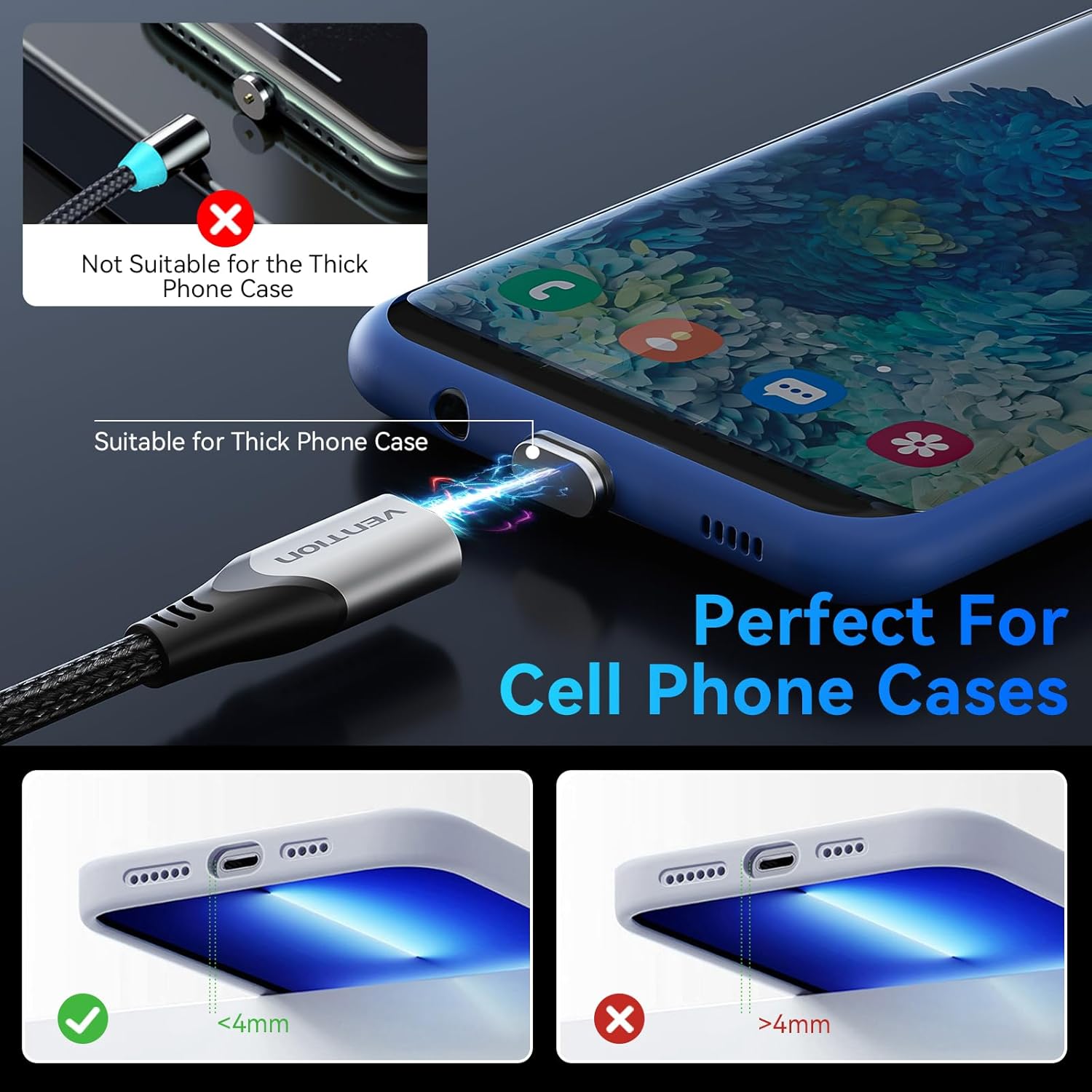 Magnetic cable connecting to a smartphone with a thin case