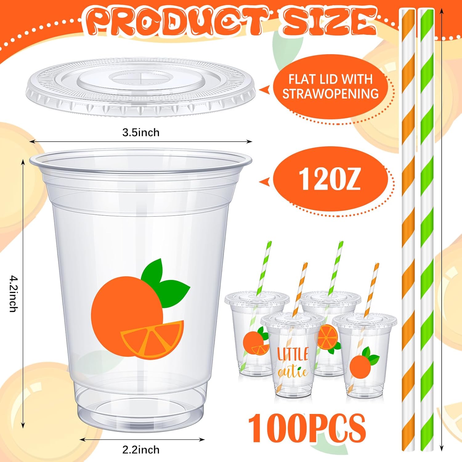 meekoo 100 Set 12 oz Little Cutie Baby Shower Decoration Cups Clear Disposable Orange Party Plastic Cups with Paper Straws and Lids for Birthday Baby Shower Drinkware Party Favors