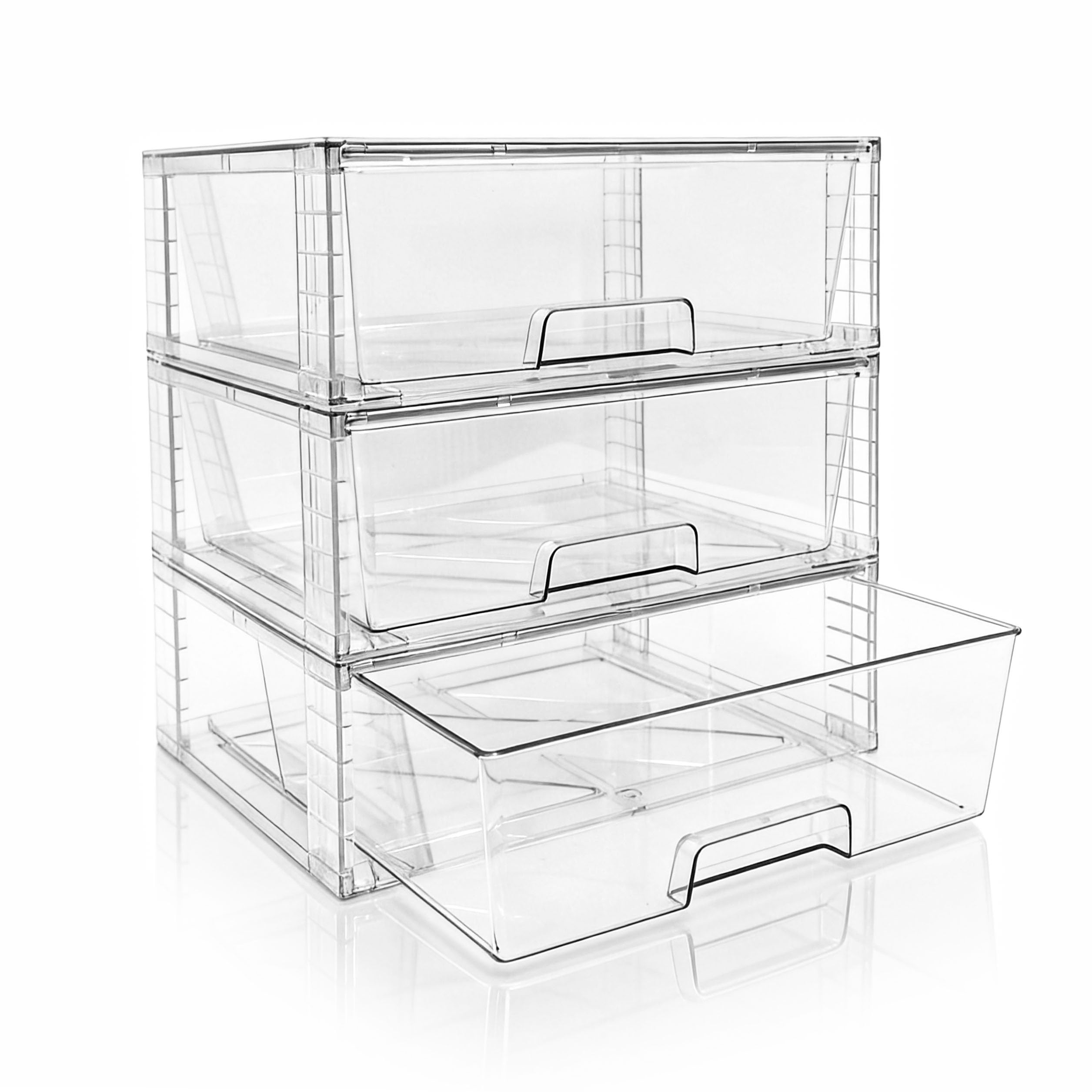 3er Set Breite Stapelbare Aufbewahrungsschubladen für Bad und Küche, Hochfeste Klare Acryl Organizer mit Griffen Einfach Zu Montierende Kunststoffboxen für Kühlschrank Schrank und Speisekammer