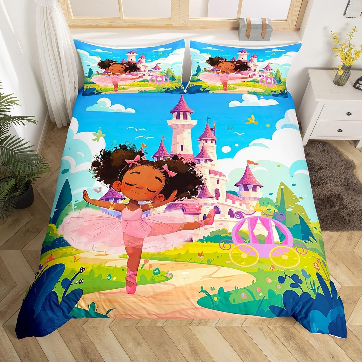 Manfei American Style Girl Duvet Cover Set,Fairy Tale Black Princess Crown Glitter Comforter Cover(No Filler) for Kids Teens,Dreamy Pink Castle Birthday Cake Quilt Cover with 2 Pillows,Full Size