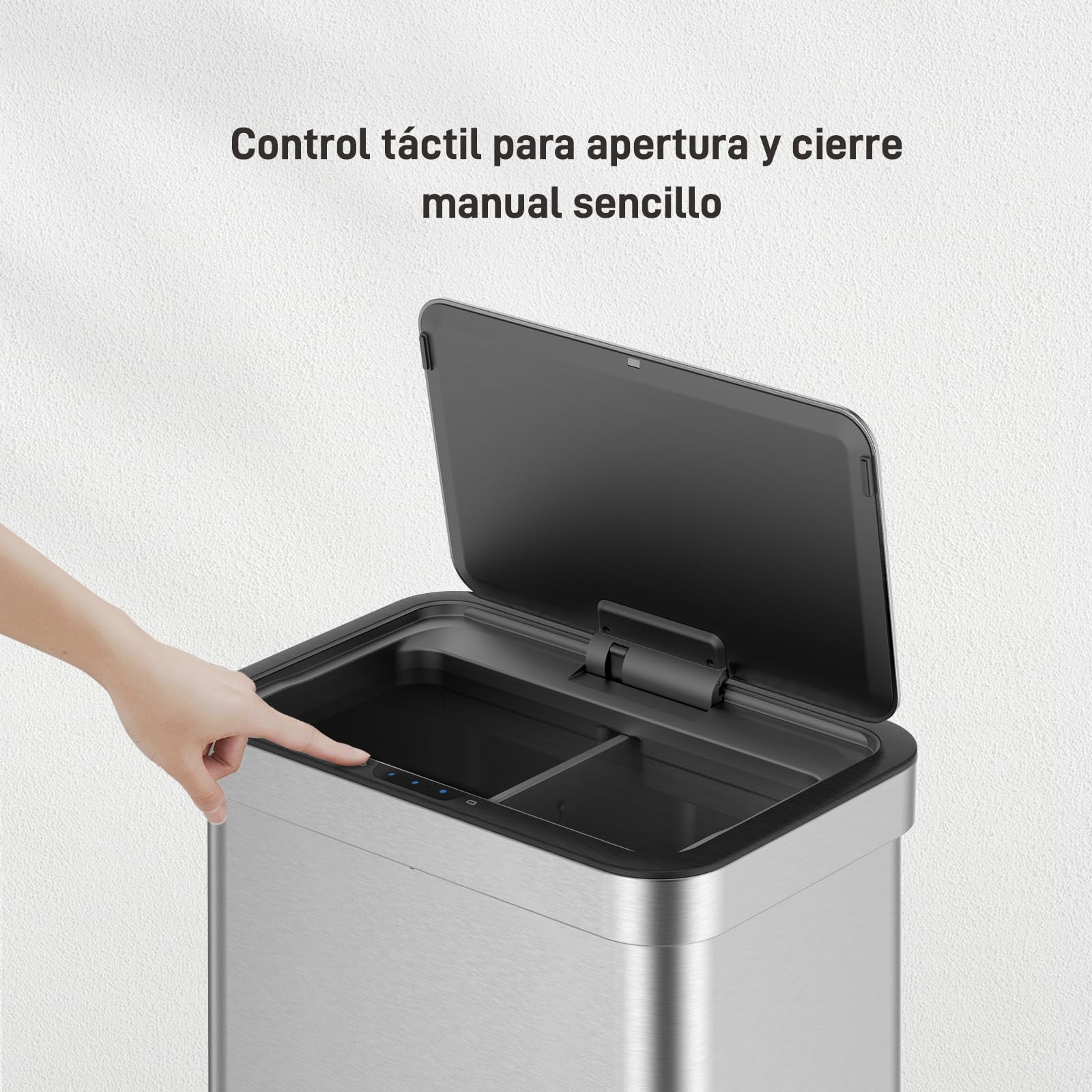 EKO Econova Mirage Cubo Basura Reciclaje para Cocina 30 L + 30 L con Sensor | Sensor de Movimiento, Acero Inoxidable Cepillado, 2 Compartimientos, Cierre Silencioso, Para Cocina