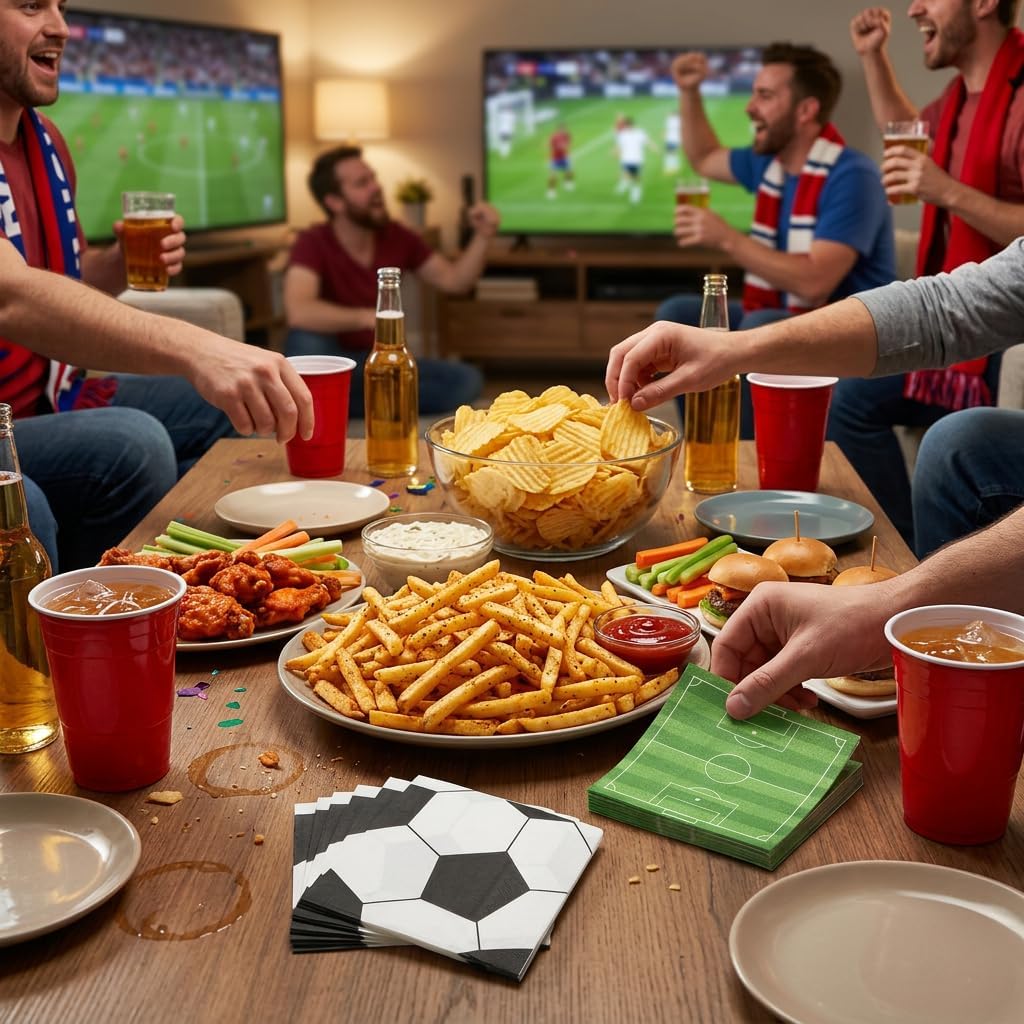 80 Count Soccer Party Napkins 6.5x6.5 Inch– Soccer Ball & Soccer Field Disposable Paper Napkins, 2-Ply Beverage Napkins for Birthday, Sports Watch Party, Game Day & Soccer Celebration