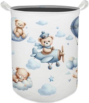 Baby Nursery Laundry Basket, Toybox for Boys Girls Room, Cute Blue Bear Laundry Basket Hamper Waterproof Collapsible Clothes Toys Storage Bin Organizer for Kids Room Playroom Bedroom Bathroom