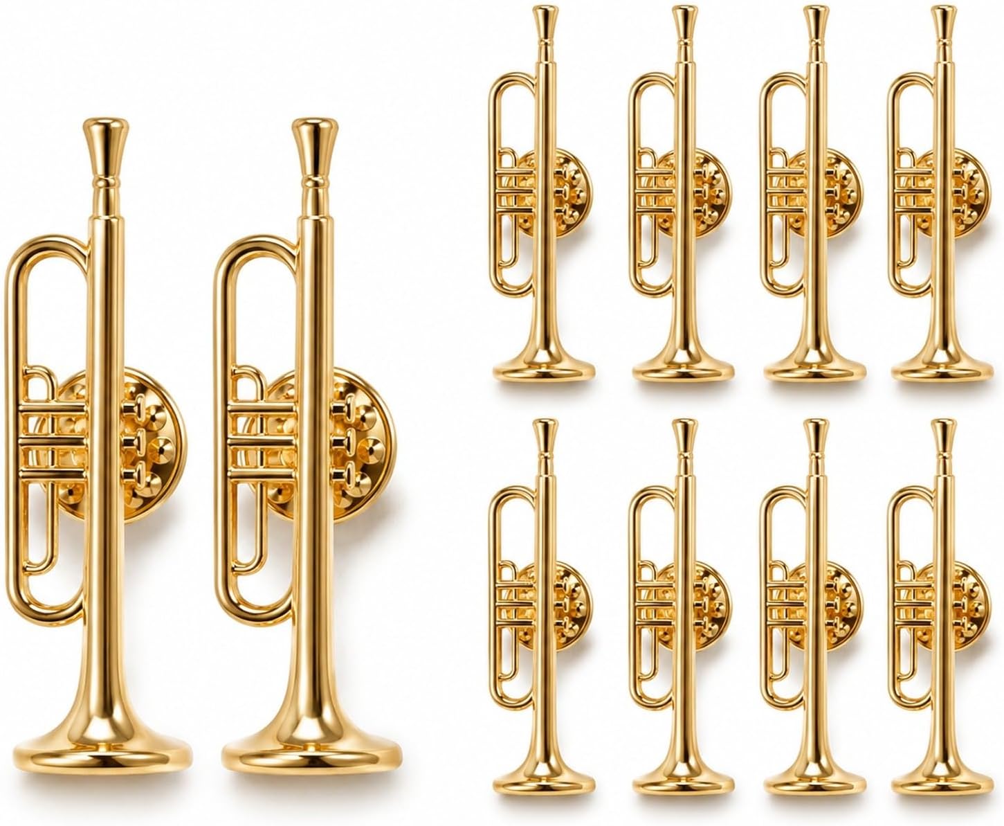 LOGOFUN 10PCS Gold Trumpet Brooch Pin Set Mini Musical Instrument Lapel Badge Vintage Music Theme Metal Jewelry for Players Musicians Band Lovers
