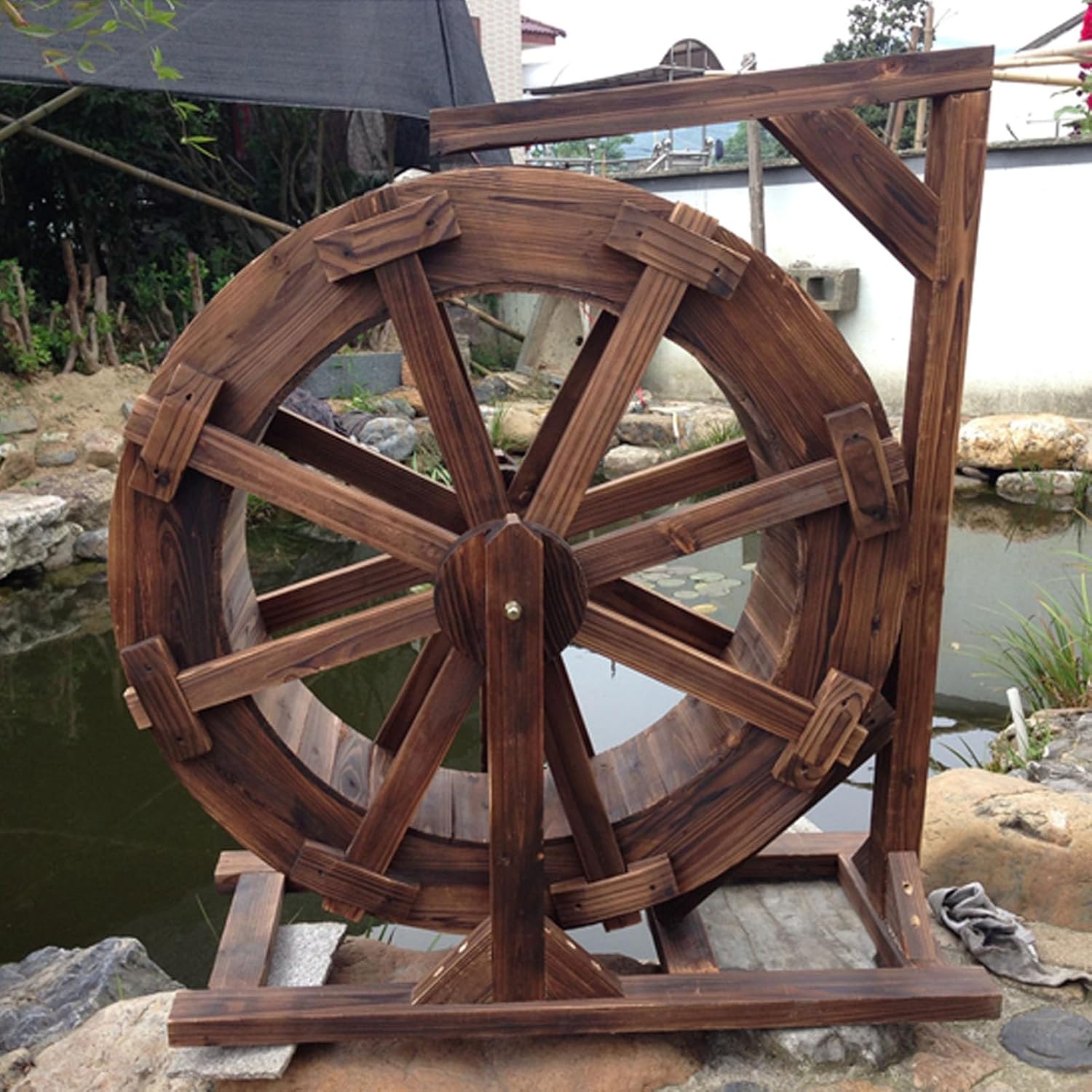 Wooden Self-Rotating Water Wheel, Vintage Rustic Ornamental, Wooden Waters Wheel Fountain with Stand, Waterwheel Fengshui Wheel for Patio Pond Pool(80cm(31.5inch))