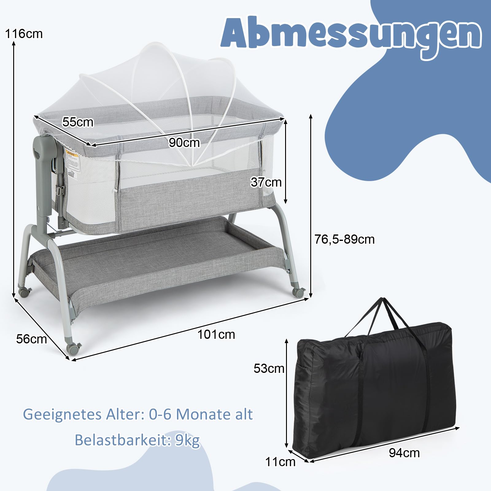 COSTWAY 4-in-1 babybed met muggennet, bijzetbed & babywieg & box & reisbed met matras, 6 verstelbare hoogtes, draagtas, mobiel kinderbed opvouwbaar voor baby's tot 6 maanden (grijs COSTWAY 4-in-1 babybed met muggennet, bijzetbed & babywieg & box & reisbed met matras, 6 verstelbare hoogtes, draagtas, mobiel kinderbed opvouwbaar voor baby's tot 6 maanden (grijs