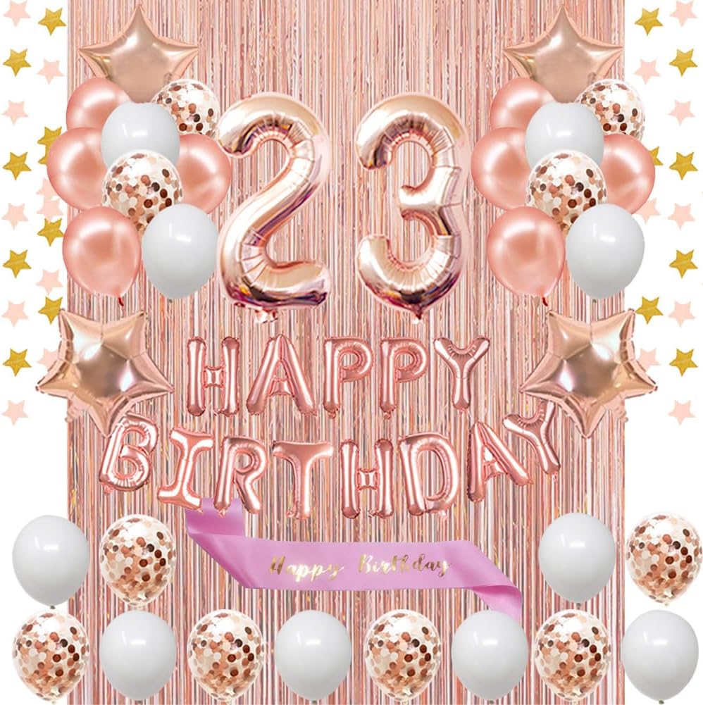 Fancypartyshop 23rd Birthday Decorations - Rose Gold Happy Birthday Banner and Sash with Number 23 Balloons Latex Confetti Balloons Ideal for Girl and Women 23 Years Old Birthday Rose Gold