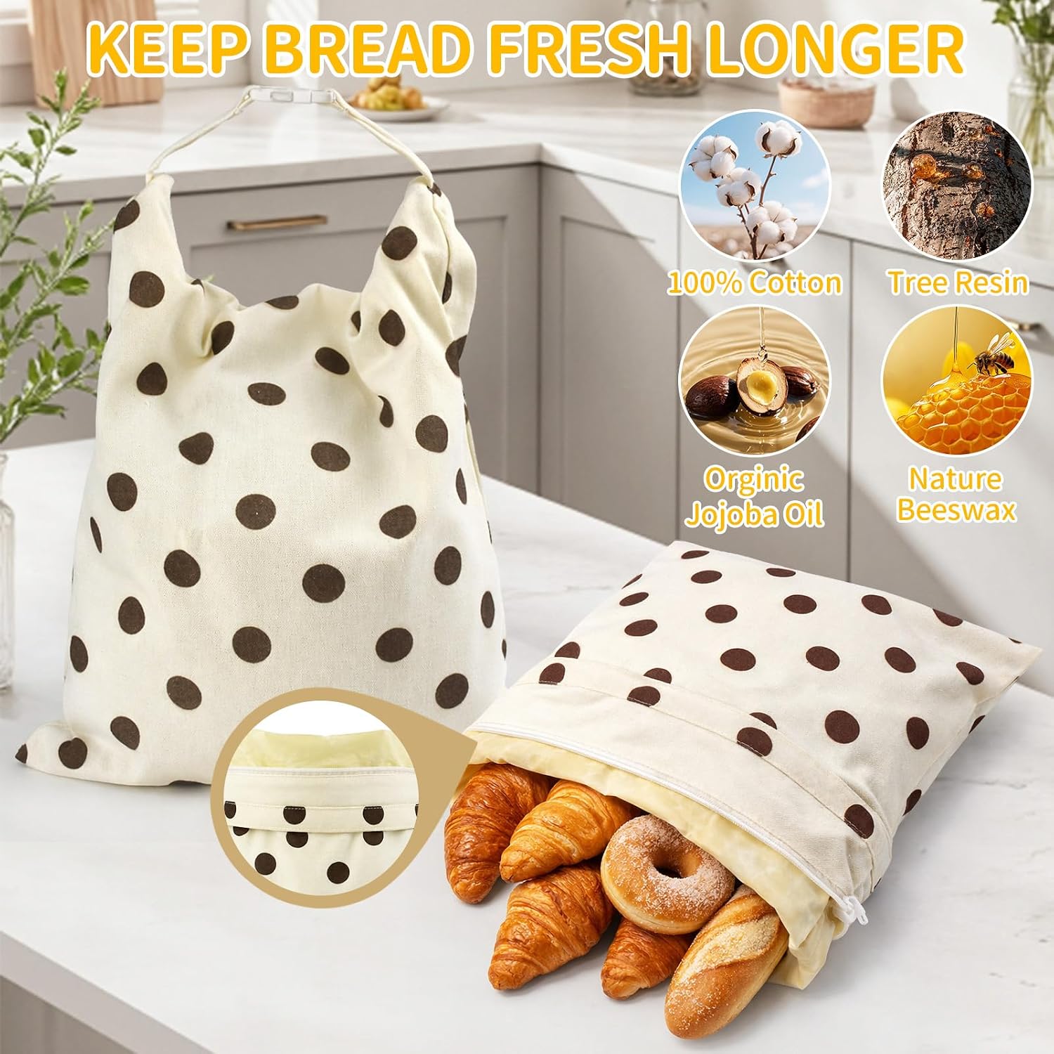 2 Pack Beeswax Bread Bags for Homemade Sourdough,XL Natural Cotton Reusable Beeswax Bread Storage Bag with Zipper,Keep Fresh longer and Freezer-Friendly (17x13") (Brown polka dots)