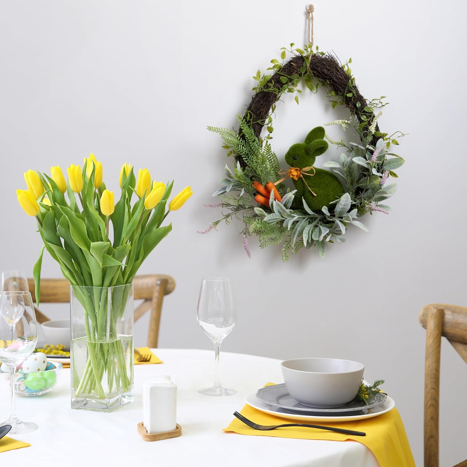 Easter Wreath for Front Door 18” Rustic Moss Bunny Floral Wreath Rabbit Decorations Spring Decor Door Wreath for Home Party Easter Gifts Celebrations