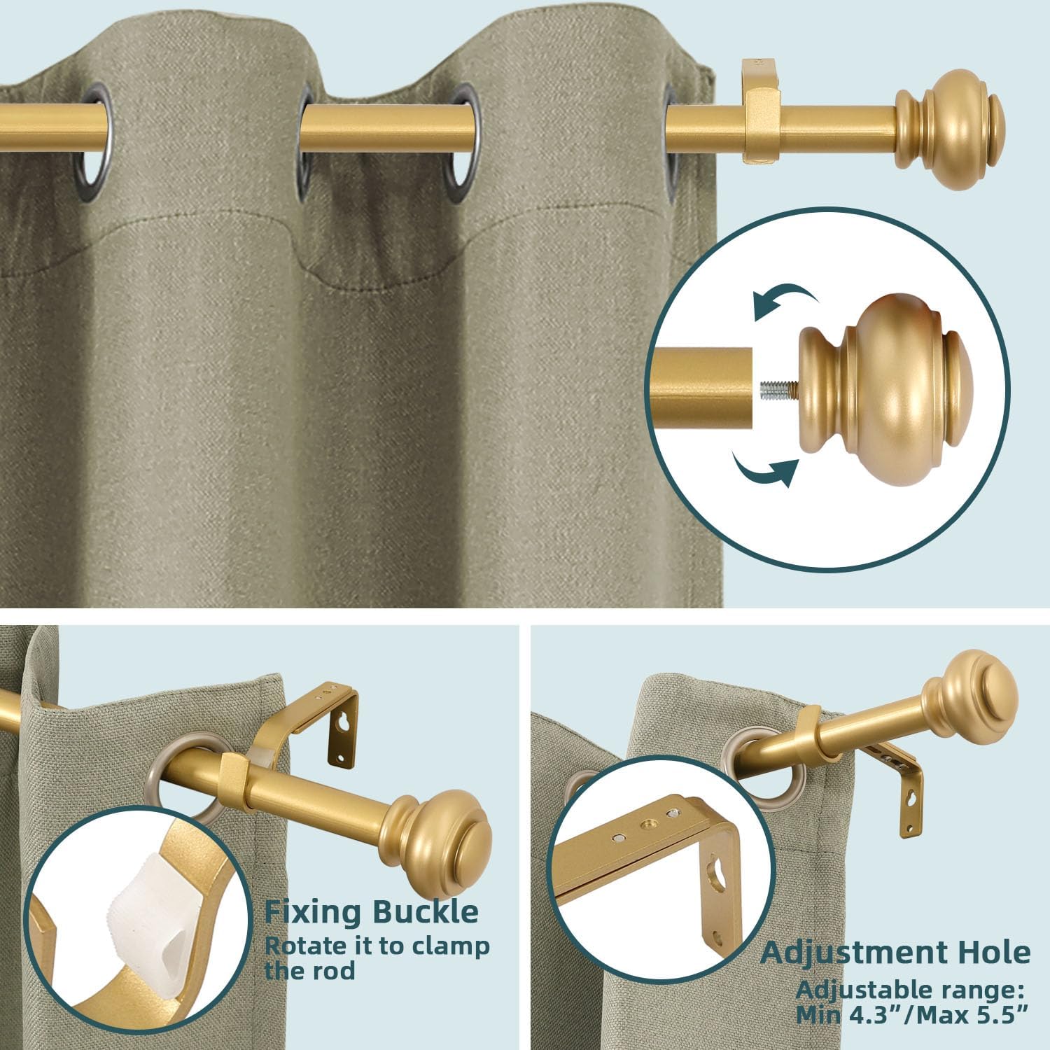 FantasDecor Curtain Rods for Windows 16-121 Inches Adjustable Length 1 Inch Diameter Bedroom, Kitchen, Living Room Curtain Rod with Classic Round End Caps Gold Color