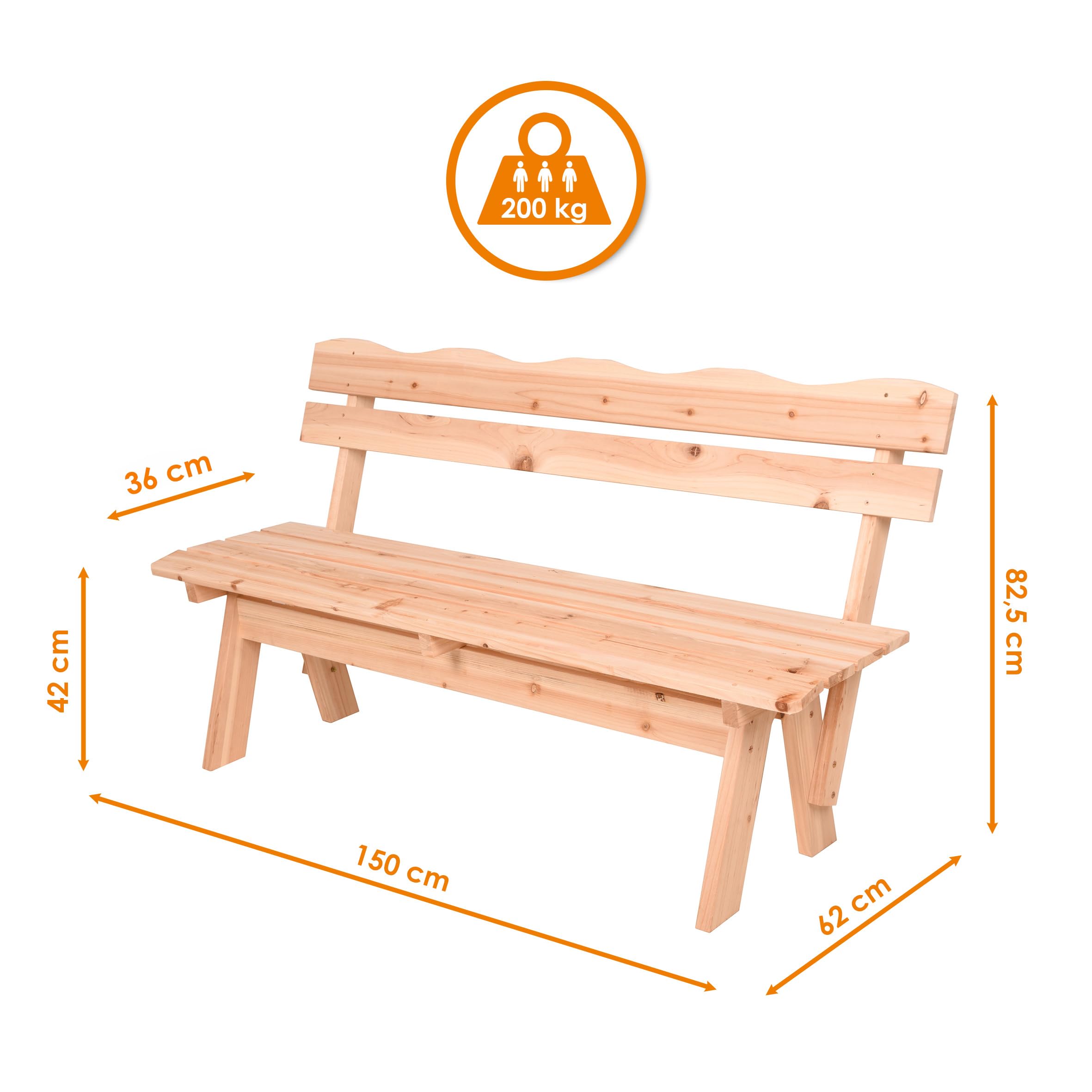Spetebo Ławka ogrodowa z litego drewna 3-osobowa z oparciem – 150 x 62 cm – drewniana ławka do siedzenia odporna na warunki atmosferyczne, obciążenie 200 kg – ławeczka drewniana w stylu dworkowym