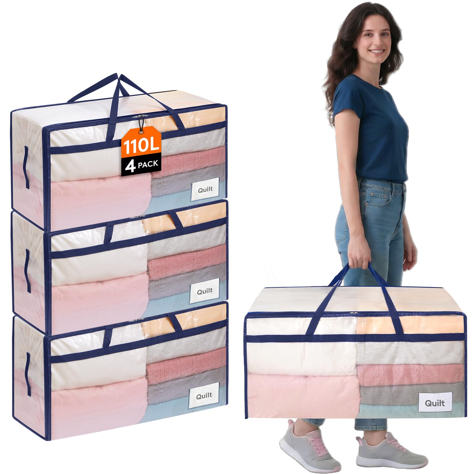 Lifewit 4 Pack Large Moving Bags with Lids and Sturdy Handles, 110L Heavy Duty Packing Organizers for Moving House, Clothes Bedding Blanket Comforter Toys Storage Bags, Transparent — image 1