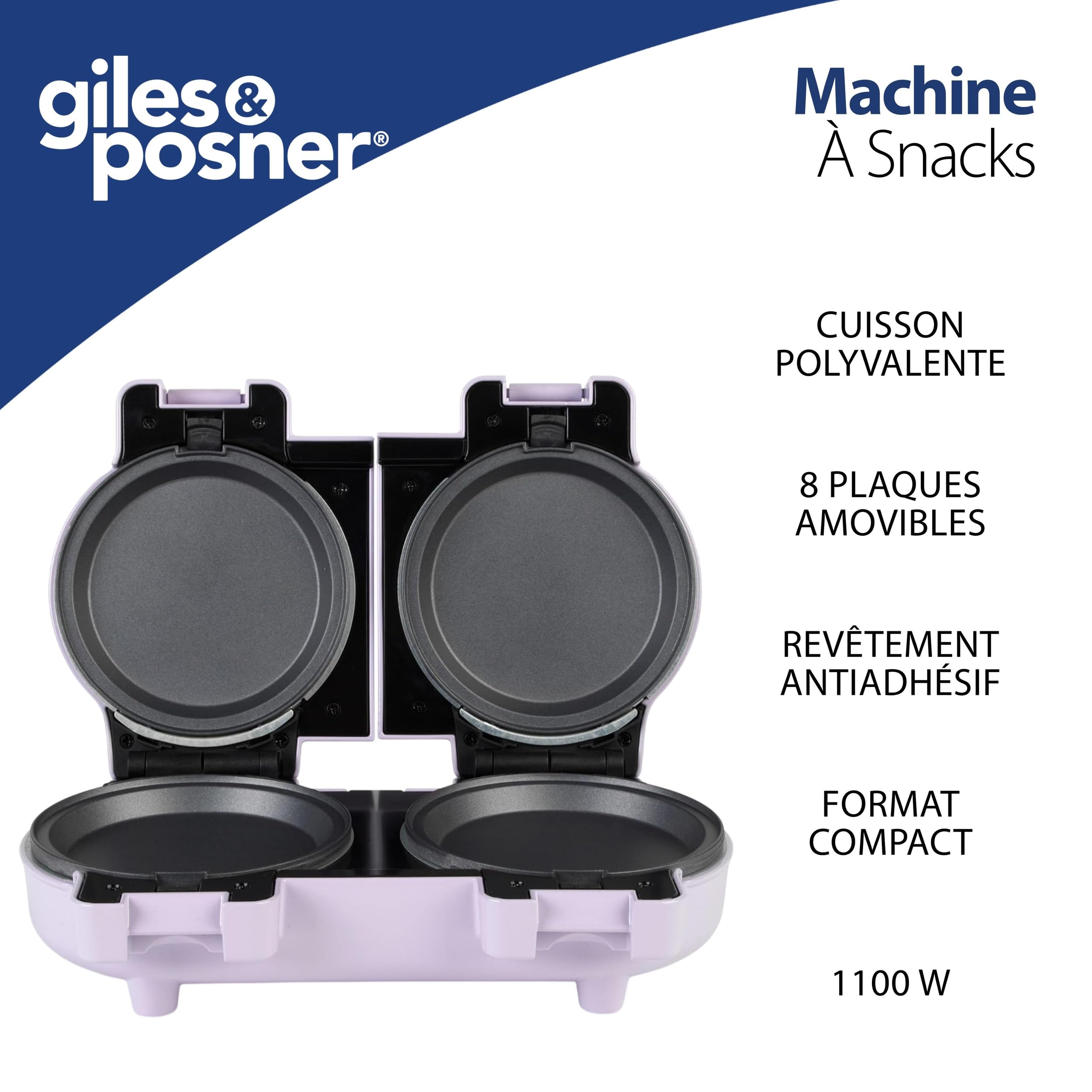 Giles & Posner Appareil de fabrication de snacks– plaques de cuisson amovibles antiadhésives, compact, inclut 4 plates pour omelettes et gâteaux, 4 à gaufres, violet pastel.