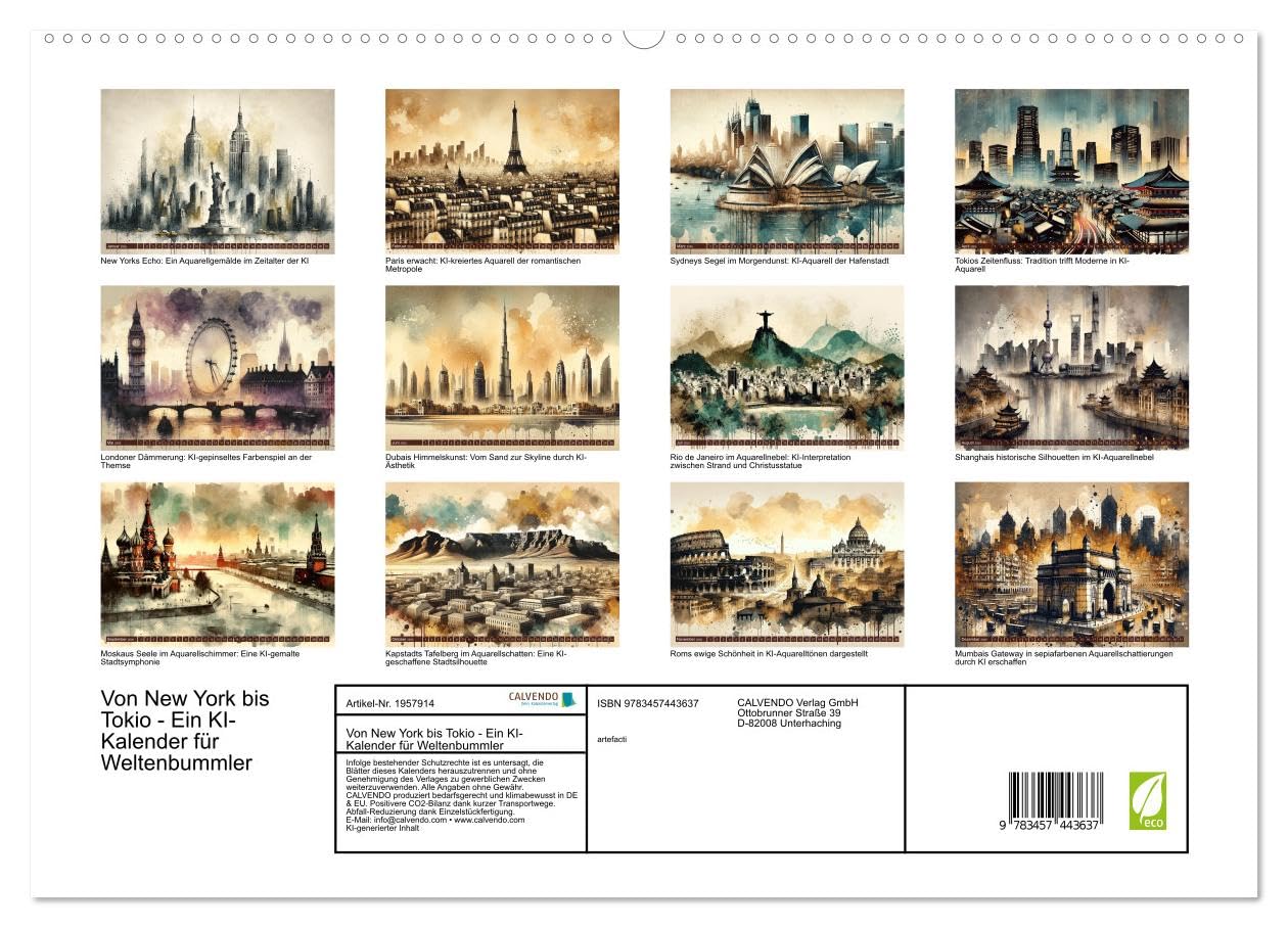 Von New York bis Tokio - Ein KI-Kalender für Weltenbummler (hochwertiger Premium Wandkalender 2026 DIN A2 quer), Kunstdruck in Hochglanz: Weltreise in Pinselstrichen (CALVENDO Orte)