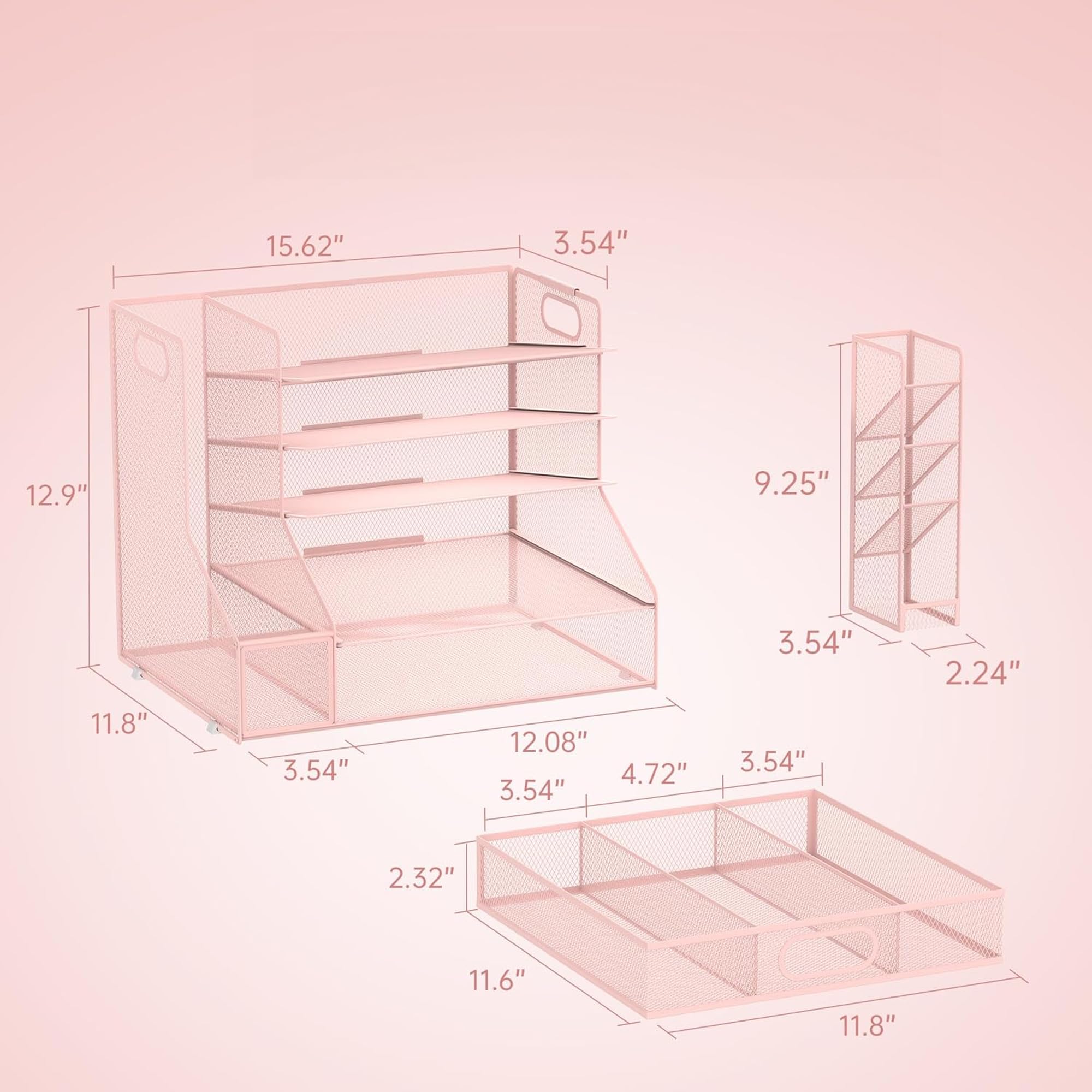 Schreibtisch Organizer mit Aktenhalter, 5-Tier Mesh Papier Brief Tray Organizer mit Stifthalter und Schublade für Bürobedarf, Rosa