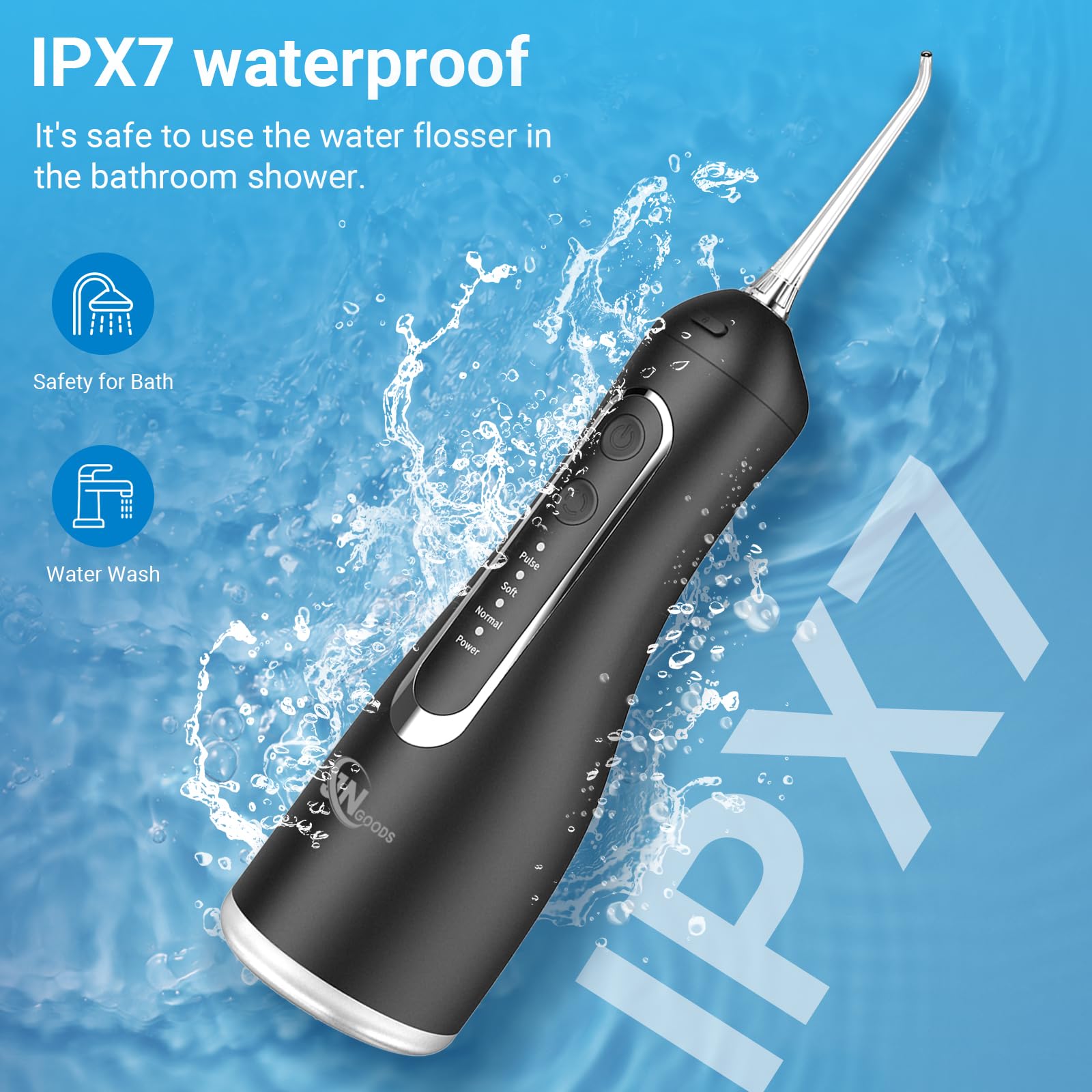 JNGOODS JNGOODS - Irrigador bucal inalámbrico de agua, 300 ml, recargable para dientes, IPX7, impermeable, 4 modos, irrigador oral portátil con 4 puntas de chorro, uso doméstico de viaje (negro)