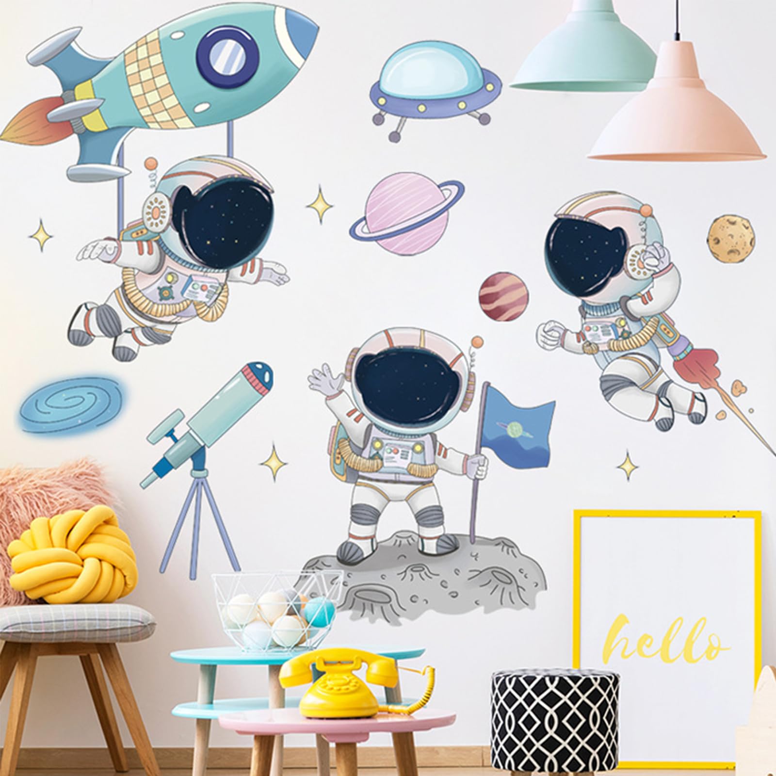 Naklejki ścienne dla dzieci, astronauta, rakieta kosmiczna, planety, UFO, gwiazdy, usuwalne naklejki do pokoju dziecięcego i małego dziecka