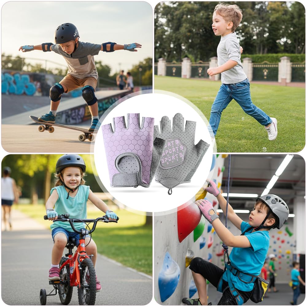 Guantes Bici Niño,Guantes Niño,Guantes Sin Dedos Seda de Hielo,Palms Protección Antideslizantes Cómodos y Transpirables para Bicicletas, Scooters, Clases de Educación Física(Rosa M)