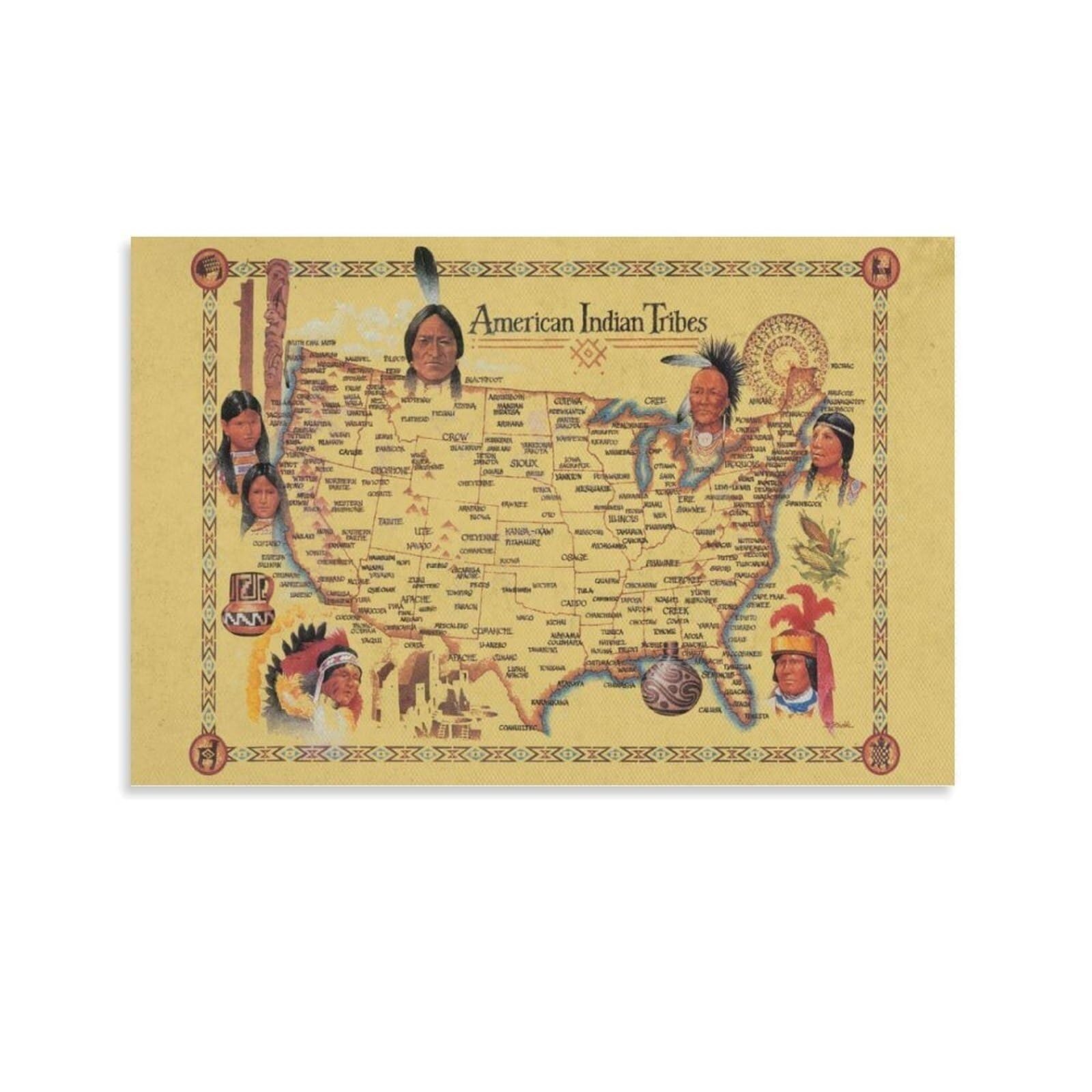 SSOPTMCB Vintage Native American History Poster, Map of Tribal Territories Before European, Cultural Wall-Art for Anthropology Enthusiasts(Unframed,12x18inch(30x45cm))