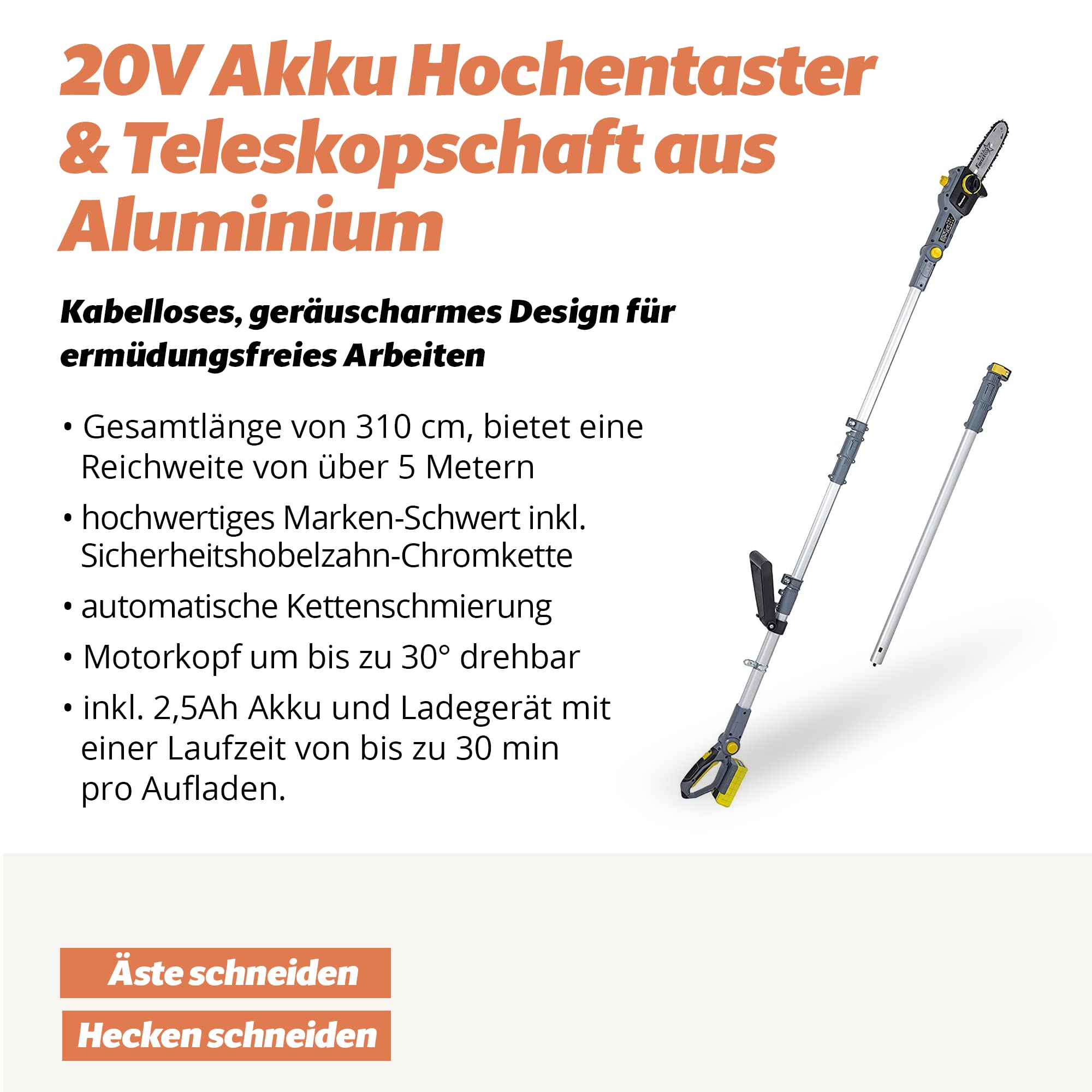 FANZTOOL 20V Li-Ion Akku-Hochentaster mit 2,5Ah Akku/Ladegerät, Höhe bis 5 m, 17 cm Schnittstärke, Schwertlänge 20 cm, leichtes Gewicht 4 kg