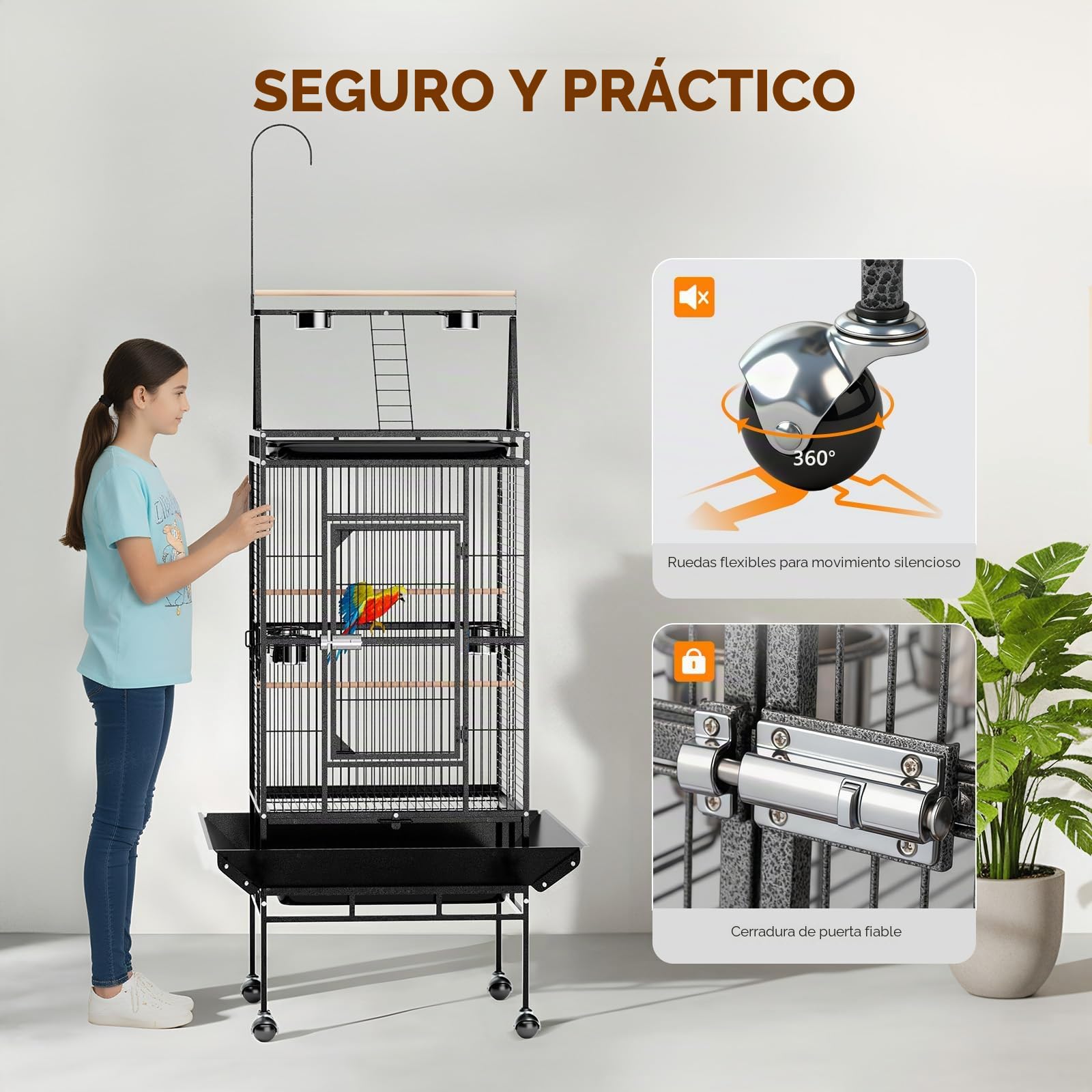 LEADZM - Jaula para pájaros con escalera superior y doble cuenco de alimentación, resistente y duradera, con 5 posiciones de alimentación, 83 x 78 x 210 cm