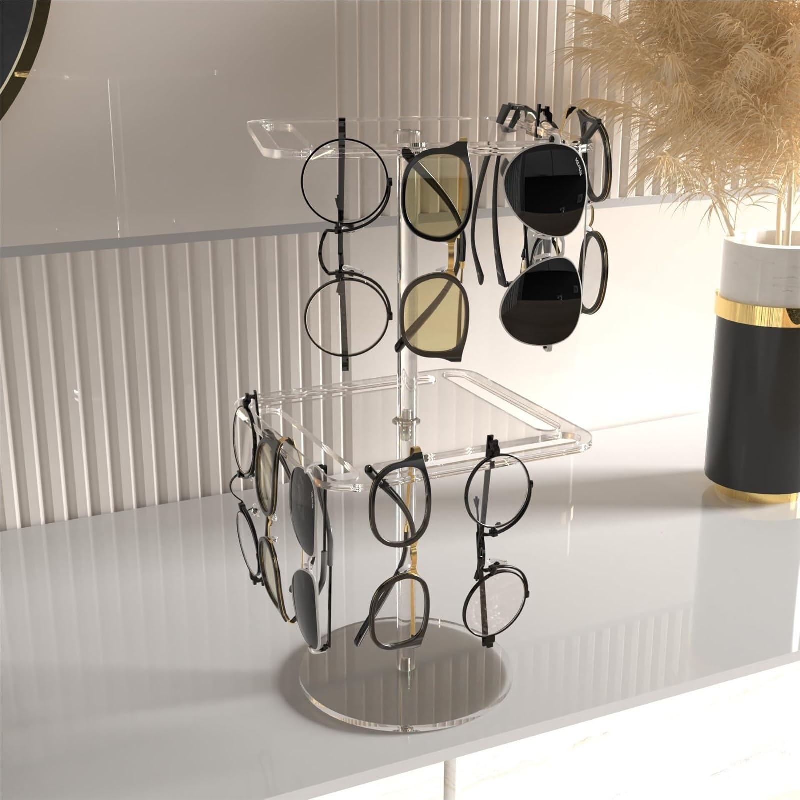 Porta Occhiali Portaocchiali Espositore da Tavolo for Occhiali da Sole in Acrilico con Rotazione A 360° Espositore Occhiali(Transparent,20x20x39.5cm)