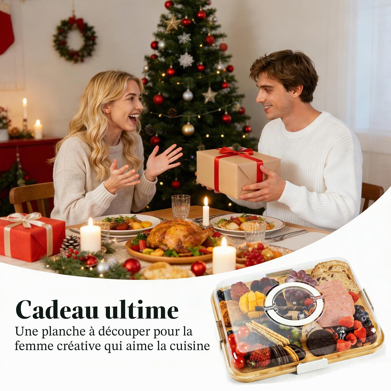 Plateaux à charcuterie avec Couvercle et poignée, Plateau à Fromage Portable en Bambou à 6 Compartiments, Plateau de Service pour charcuterie, Fruits et collations (Blanc)