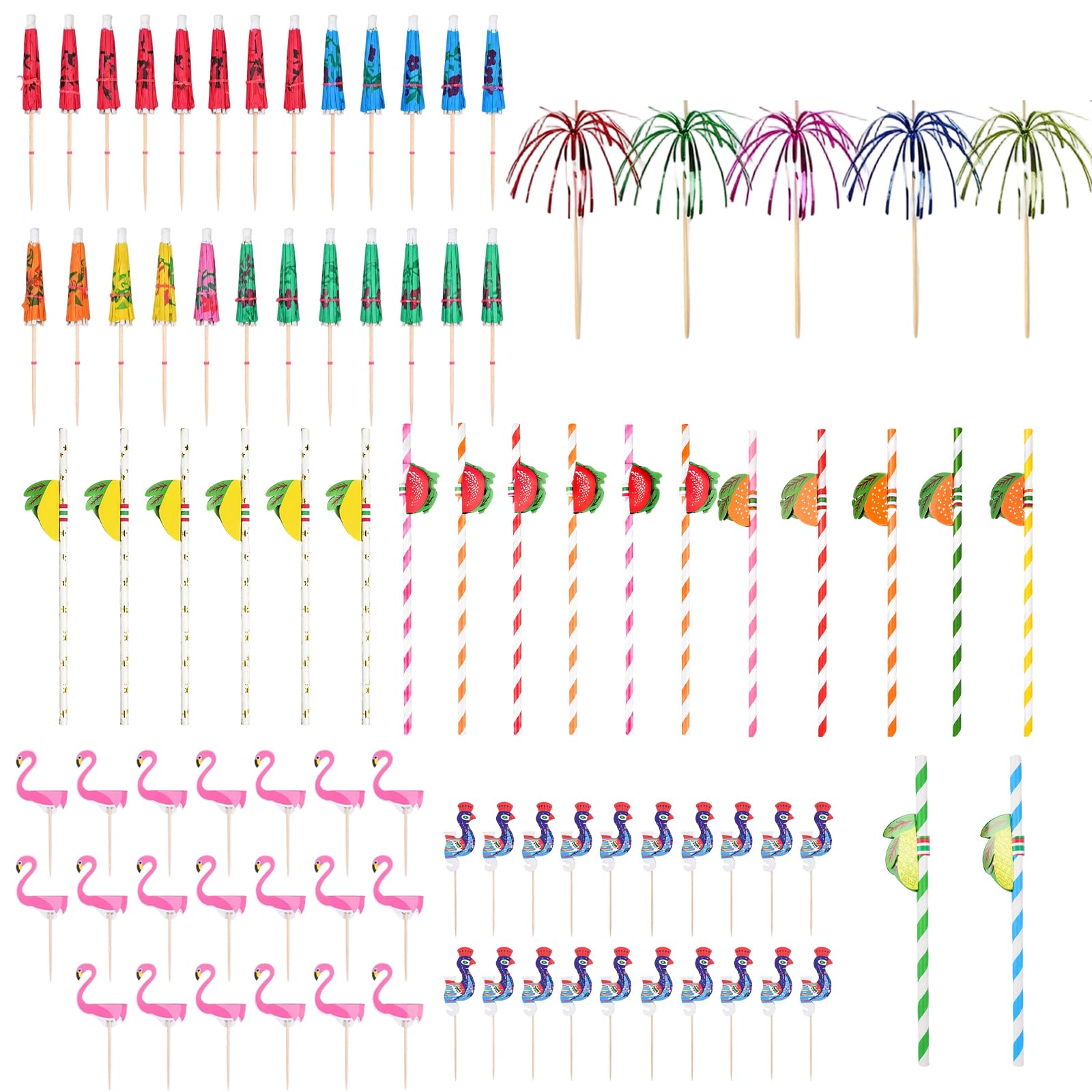 Merzio 120PCS Cocktail Accessories for Drinks, Reusable Paper Umbrellas, Straws, Sparkler Sticks, Flamingo Stirrers for Summer Beach Party Decorations