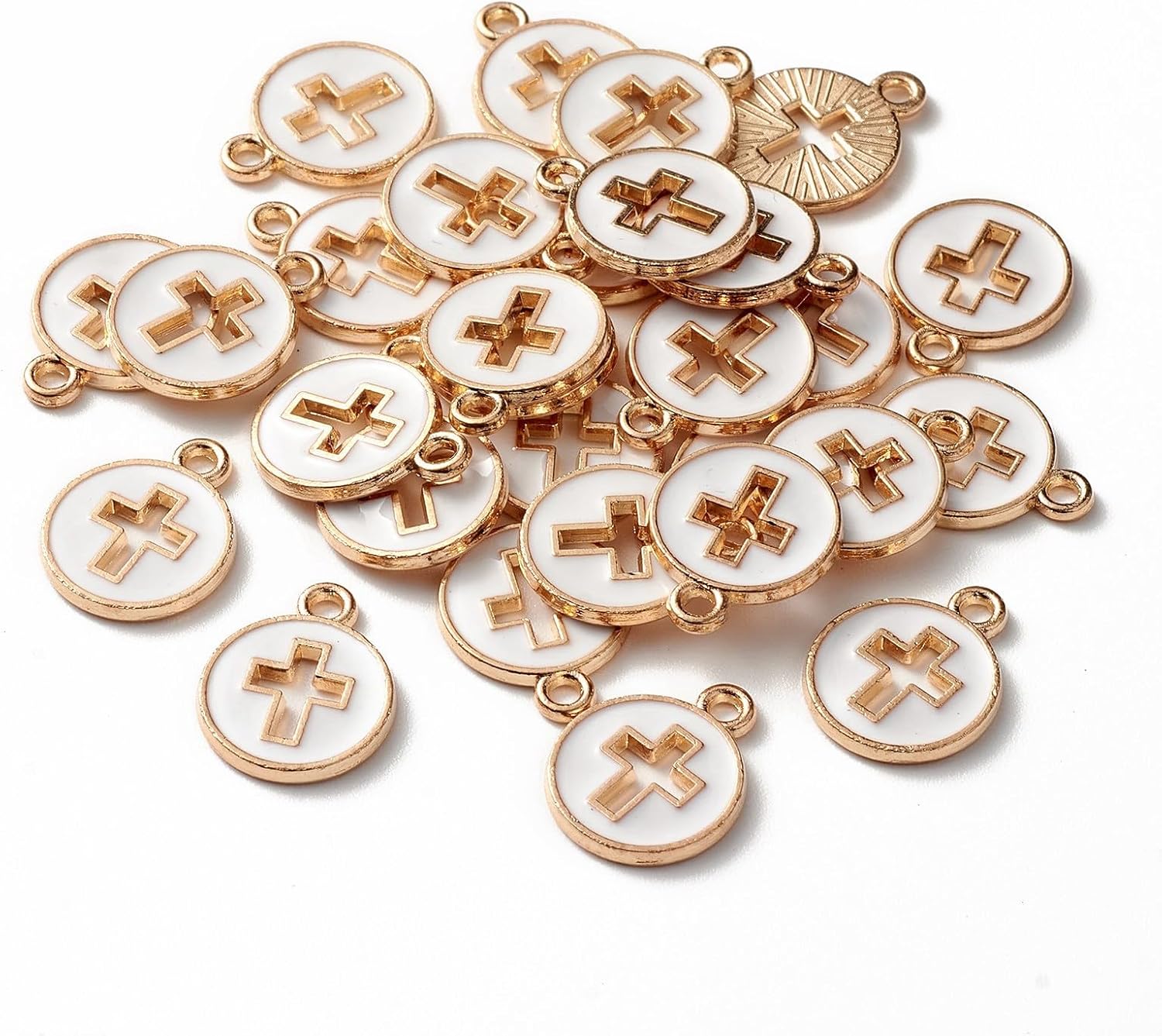 LiQunSweet 100 Pcs Golden Color Flat Round with Cross Enamel Alloy Charms Jesus Crucifix Religious Charms for DIY Jewelry Crafts Accessory Supplier