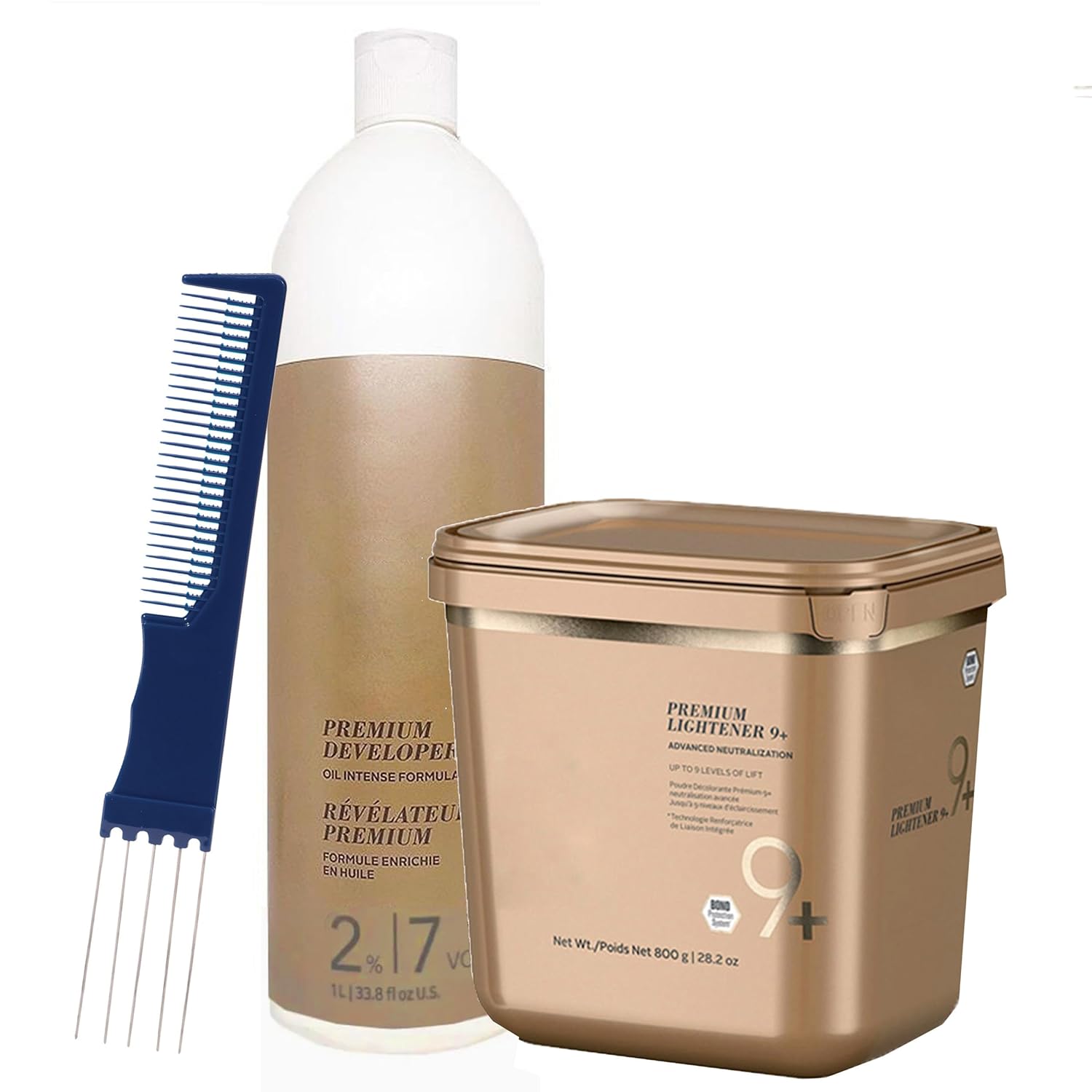 BlondeMe Lightener and Developer | Premium Bleach 800 grams, Developer 2% / 7 Vol 1 Liter and Dual Purpose Comb (Bundle)