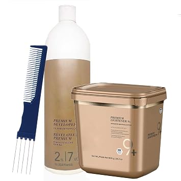 BlondeMe Lightener 9+ Premium Bleach XXL 900 grams, Blonde Me Developer 2% / 7 Vol 1 Liter and M Hair Designs Tint Brush Comb Bundle, Off White
