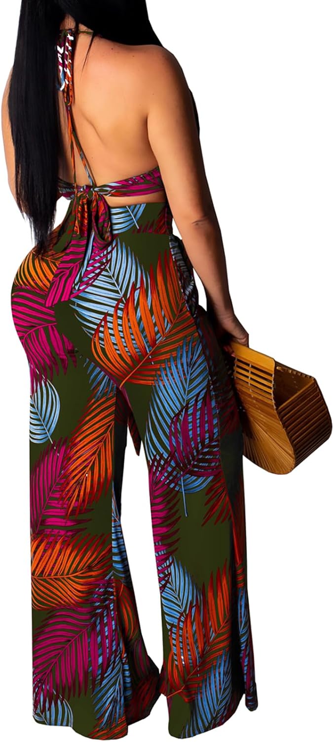 Elegant Two Piece Sets for Women Sexy Printing Halter Bandage Top Long Straight Pants Vacation Outfits Beach - Image 2