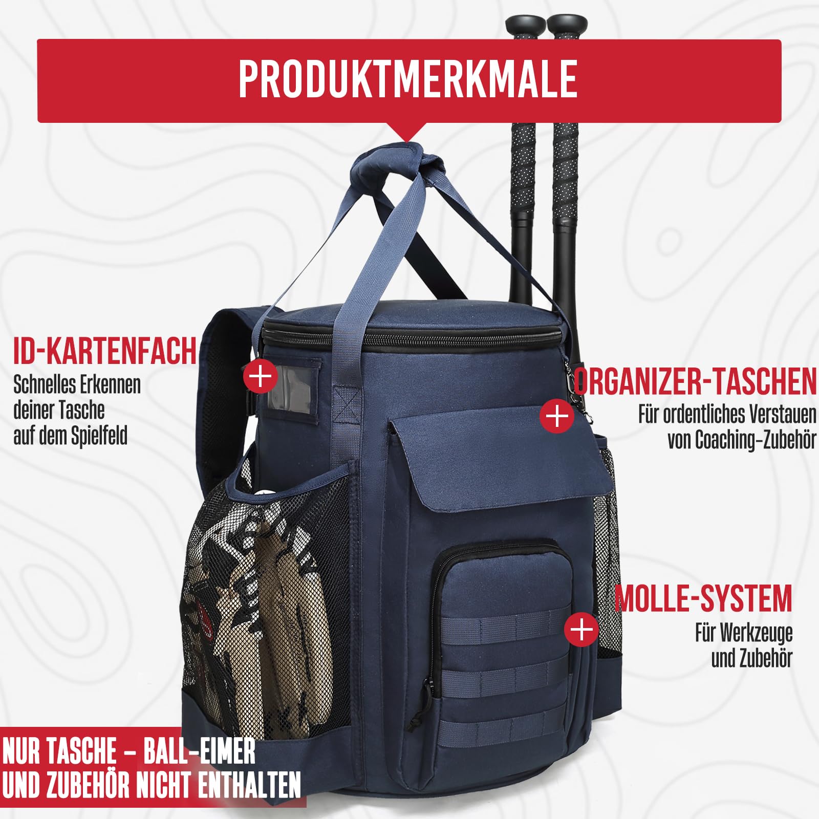 Baseballtasche für 6-Gallonen-Eimer, Baseball-Rucksack für Baseballtrainer mit taktischem MOLLE-Gurtband, Eimerabdeckung mit Mehreren Taschen für Schläger und Handschuhe – ohne Eimer