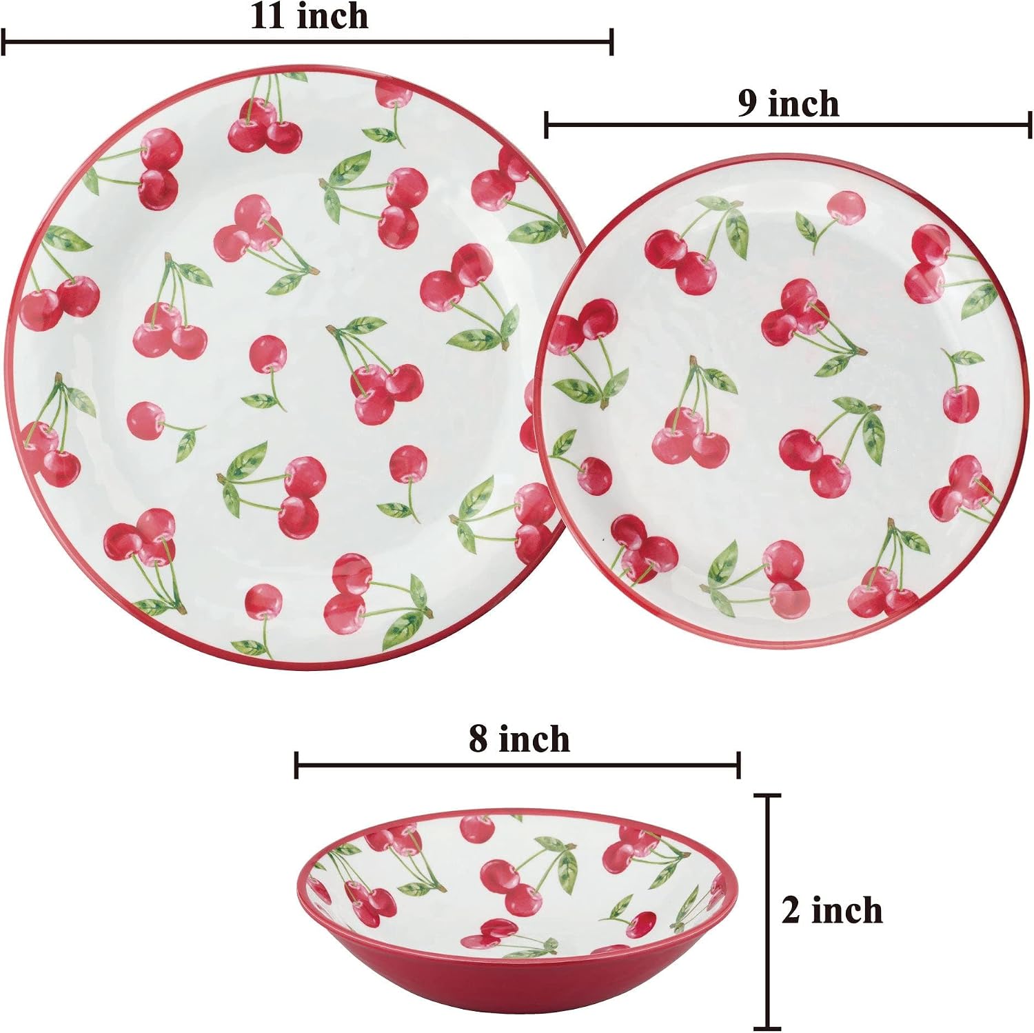 UPware 12 Piece Cherry Melamine Dinnerware Sets, Outdoor Dishes Set, Plates and Bowls Sets, Service for 4, Red