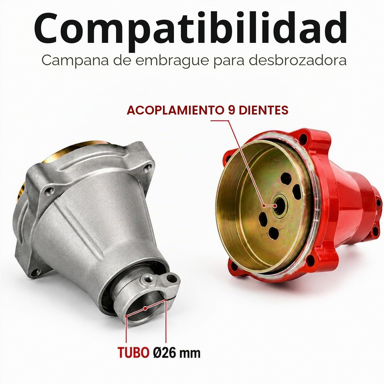 Campana de embrague para desbrozadora Ø78mm | Tubo Ø26mm | Engranaje de 9 dientes | Repuesto universal compatible con varios modelos | Color gris o rojo según disponibilidad