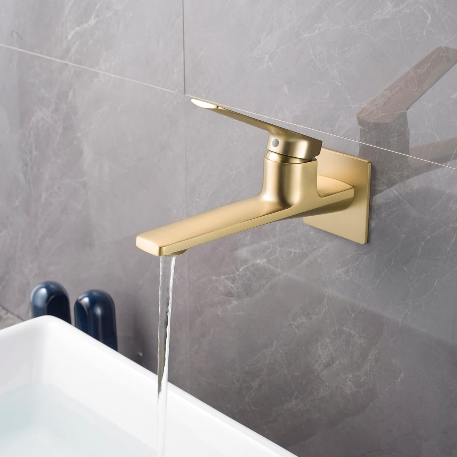 Modern Wall Mount Bathroom Faucet –Brushed Gold,Solid Brass Single Handle with Flip Aerator (2 Flow Modes), Rough-in Valve for Concealed Installation