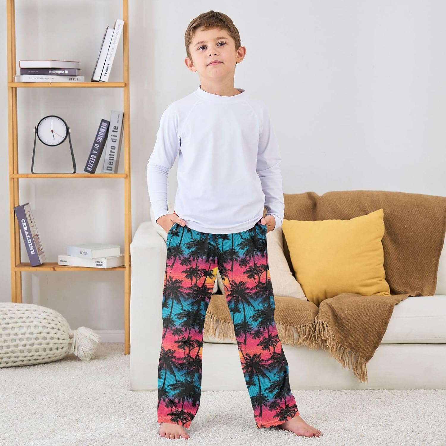 visesunny Palm Tree Colorful Pattern Boys Pants for Kids Fleece Bottoms Long Jogger Pants Trousers with Pockets Size 6-14Y