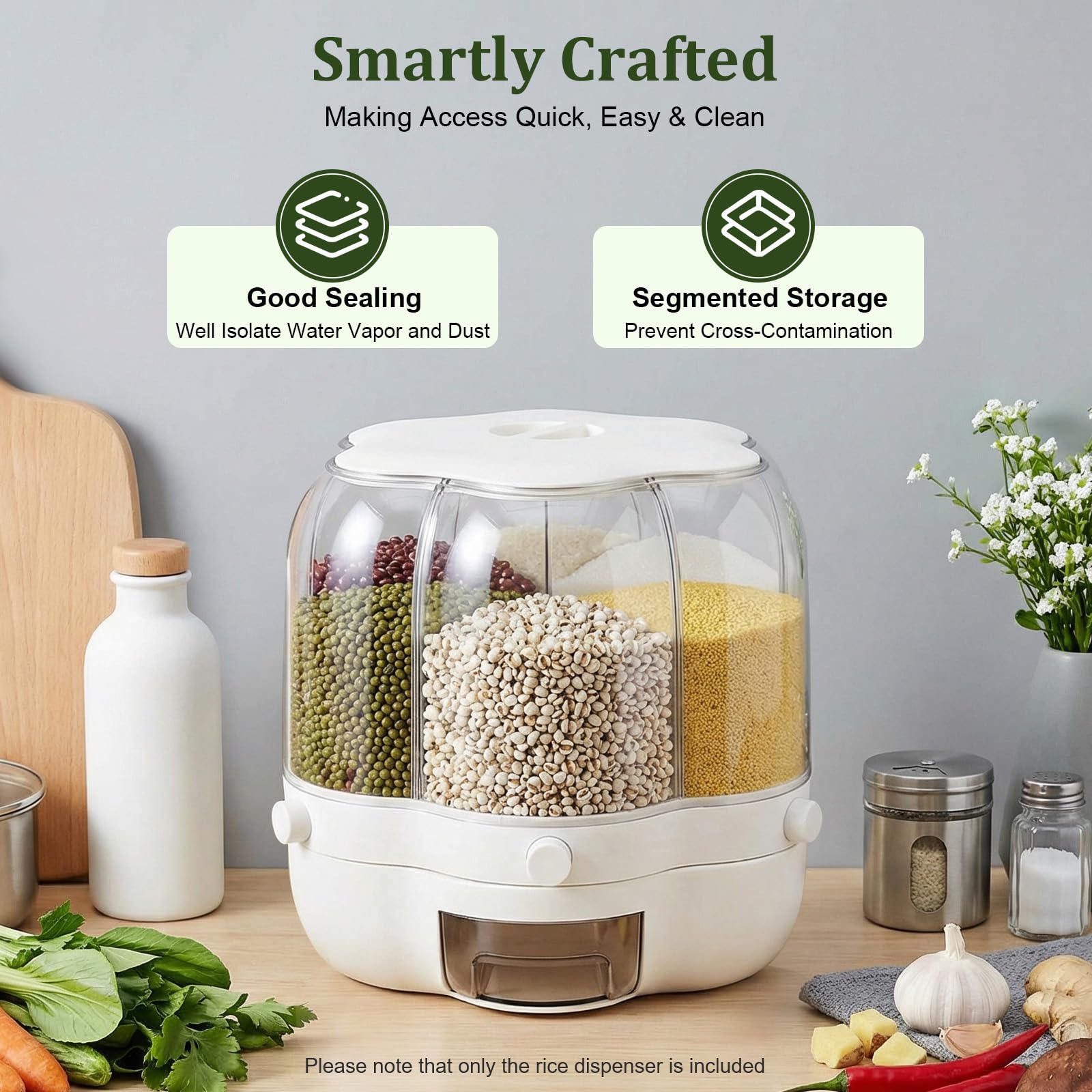 Distributeur de céréales, distributeur de riz rotatif, 6 compartiments, distributeur de céréales rotatif à 360°, pour stocker les aliments secs, récipient à céréales, distributeur de riz, pour tous