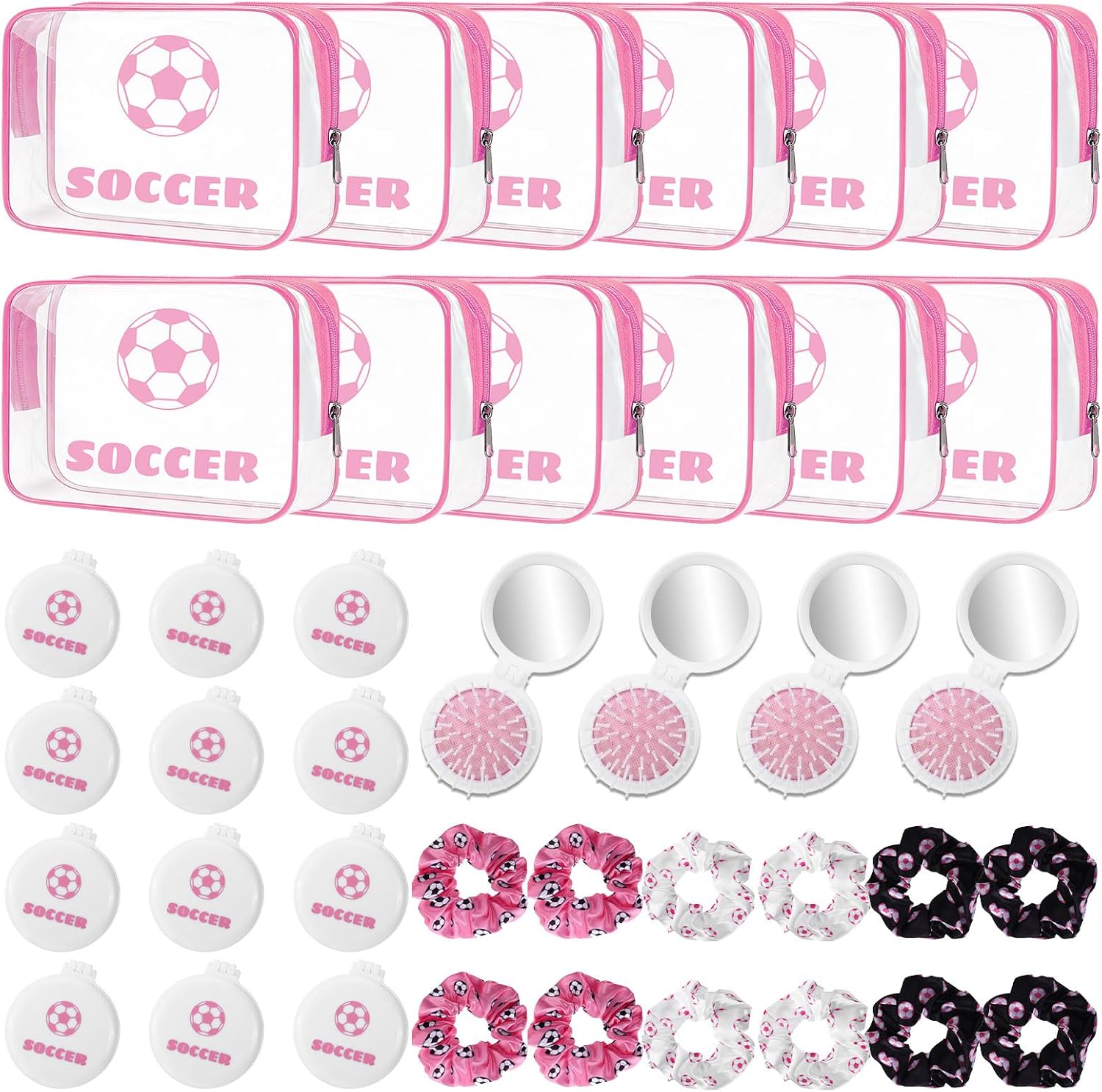 36 Pcs Soccer Party Favors Pink Soccer Gifts for Women with 12 Makeup Bag Cosmetic Bag Bulk, Sport Hair Scrunchies, Folding Hair Brush Mirror for Sports Theme Accessories Team Coach Sport Team Gifts