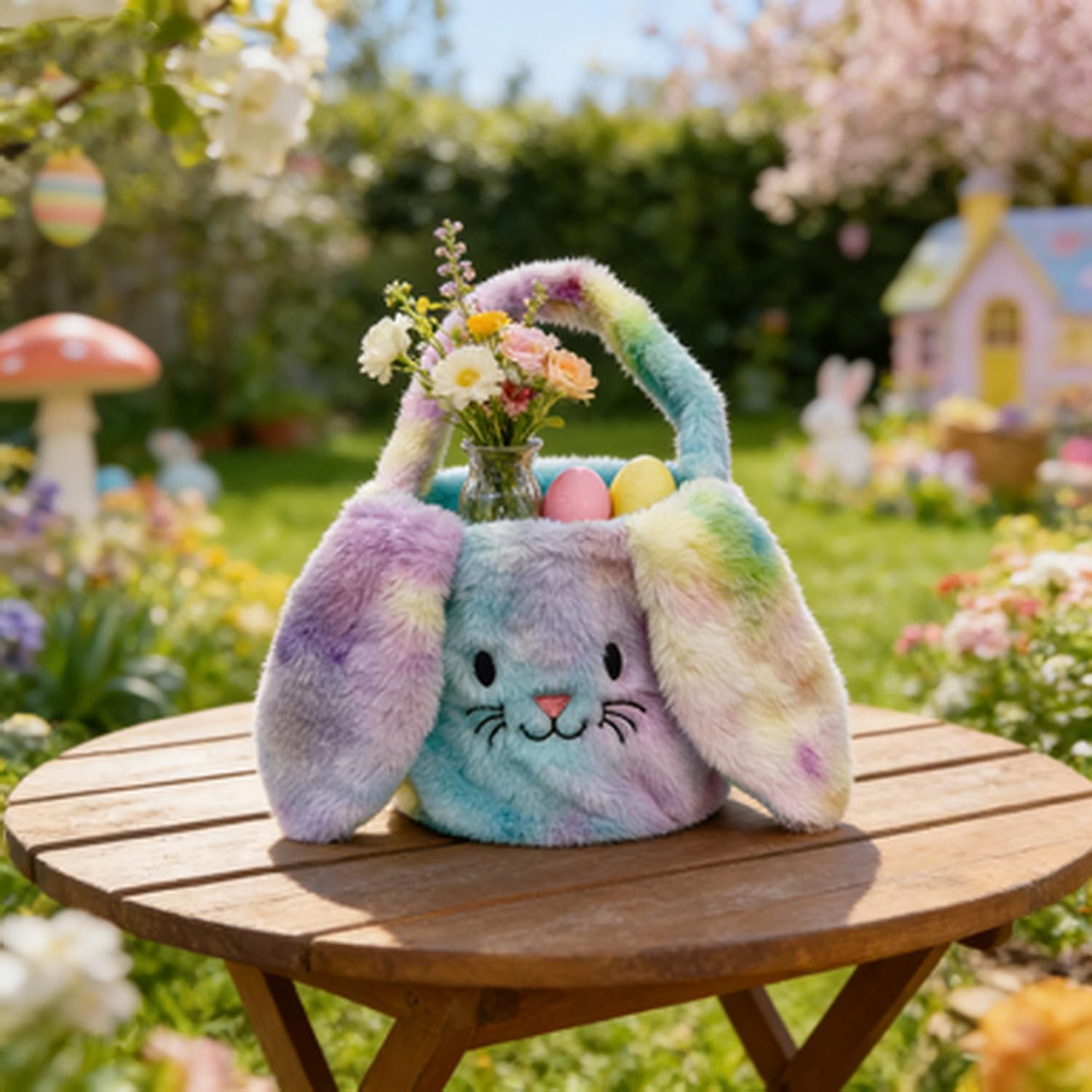 Easter Basket Cute Bunny Basket Personalized Soft Plush Rainbow Dyed Tote Bag, Plush Easter Buckets with Big Eared Rabbit Bags Holiday Tote Bags for Holiday Decorations Gifts Storage (Colorful)