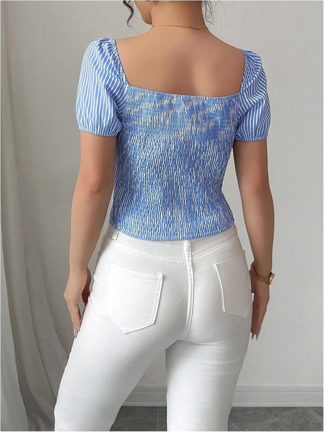Floerns Women's Striped Tie Front Blouse Square Neck Puff Sleeve Smocked Crop Tops - Image 3