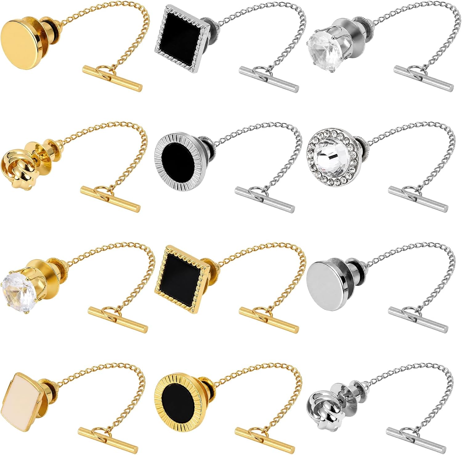 Liliaafar 12 Pcs Tacks for Men Tie Pins with Chain Ties Clips Suit Accessories Square Rhinestones Tack Clutch Clasps for Regular Ties Wedding Party Anniversary Business Birthday Gift