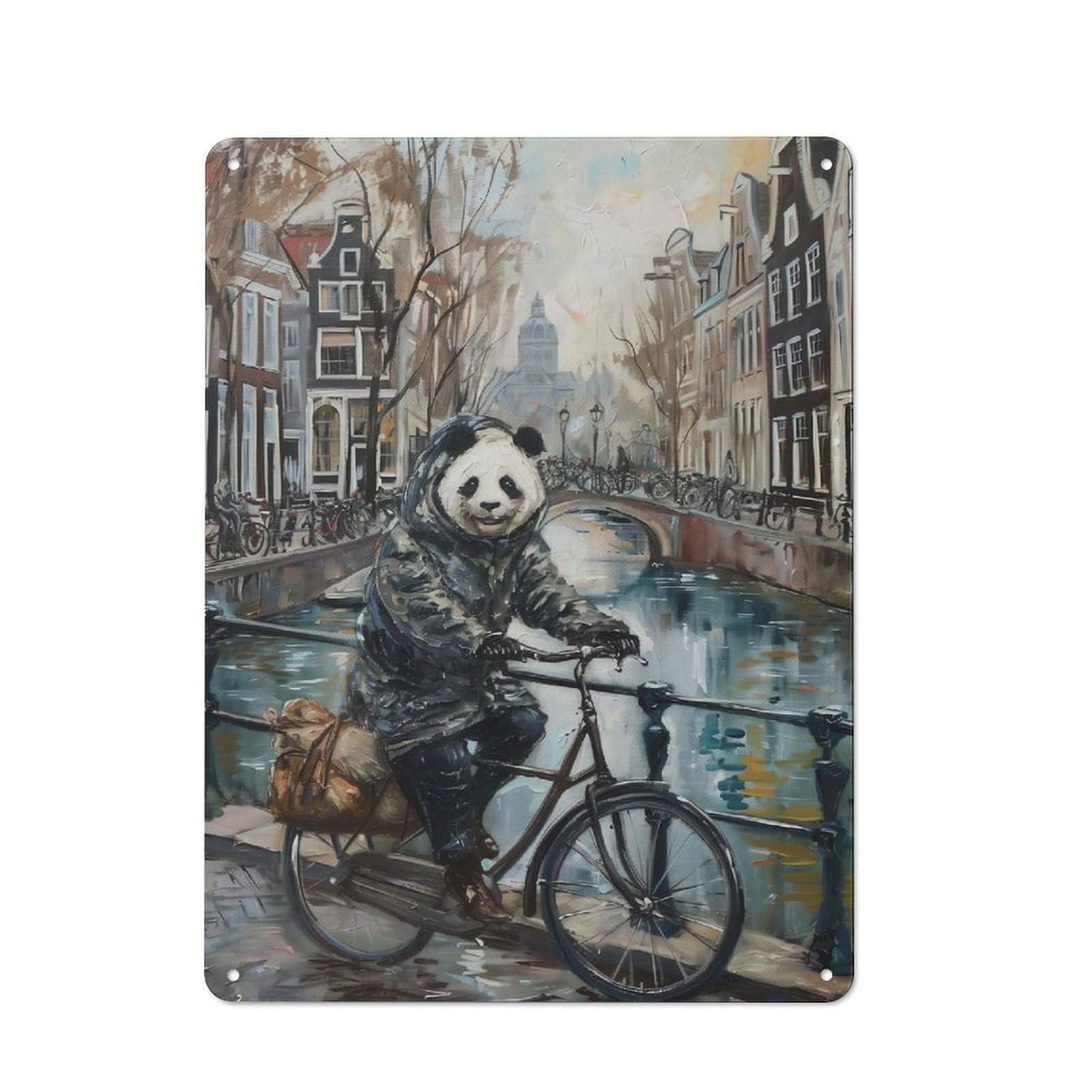 Junmoney Style-24 Garden Style Tin Sign 40X30cm Featuring Panda Bicycle Amsterdam, Shed Wall Decor For Patio Bar, Workshop, Shed Or Kitchen